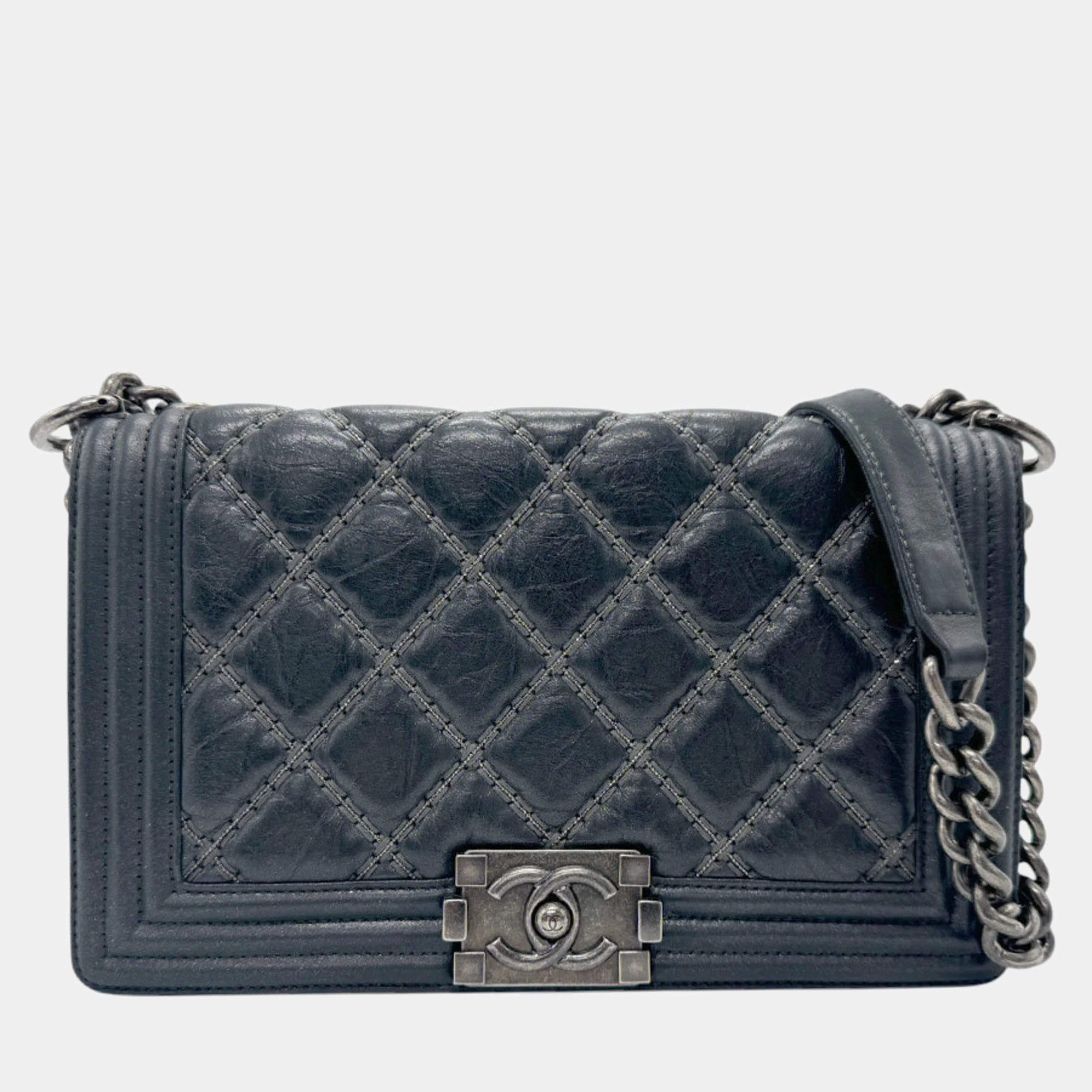 Chanel Leather Metal Silver Black Boy Chanel Shoulder Bag