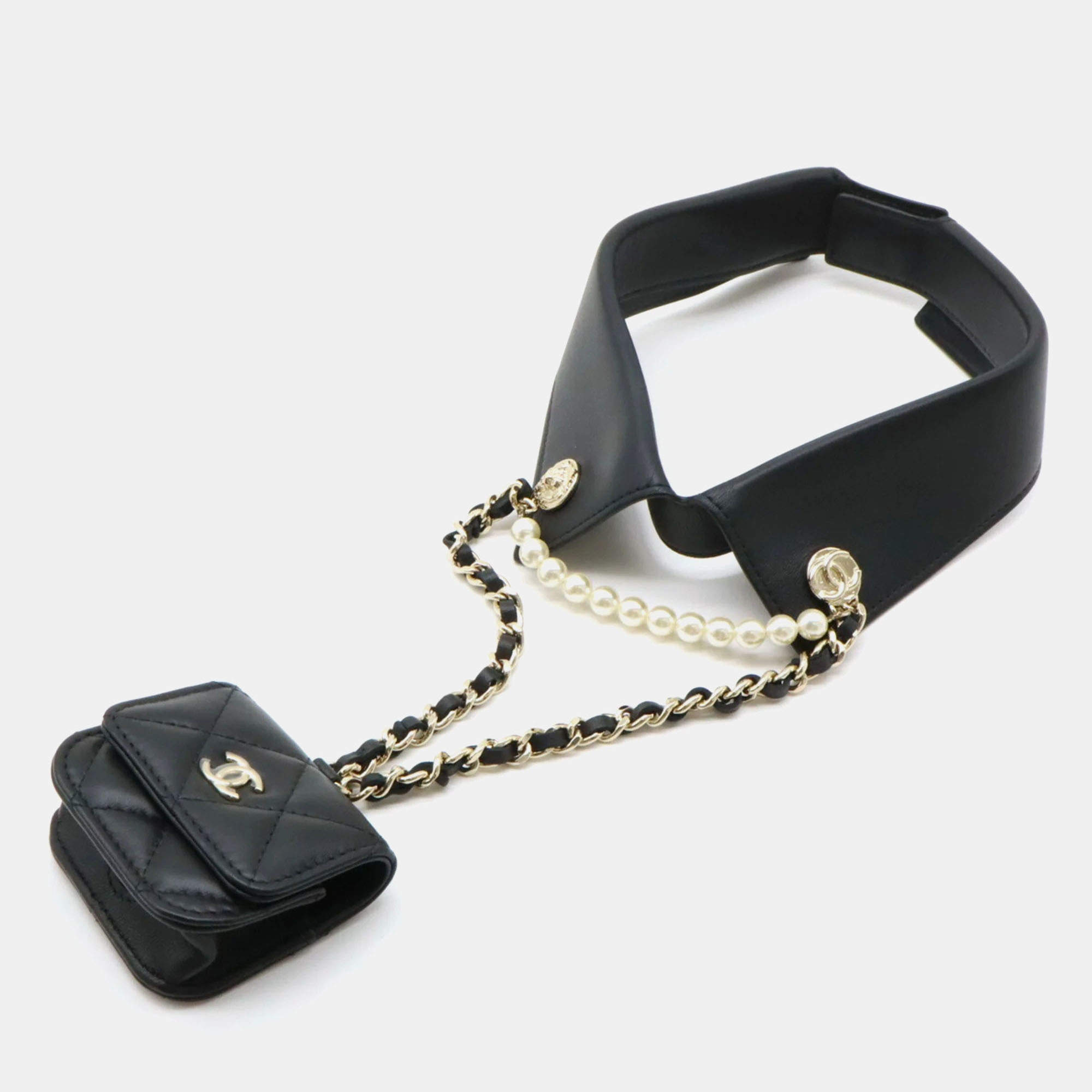 Chanel Leather Black Matelasse Collar Coco Mark Earphone Case