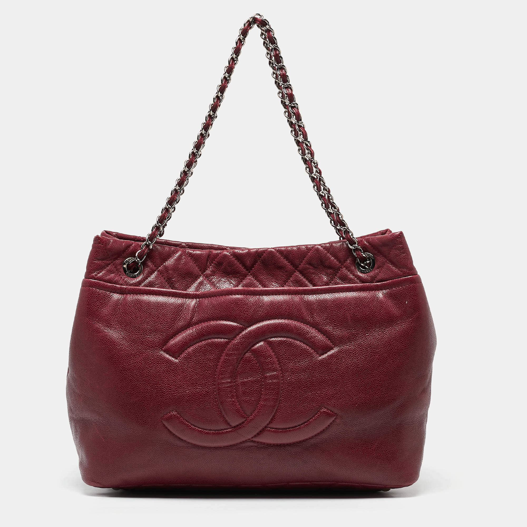 Pre Owned Chanel Dark Red Quilted Caviar Leather CC Timeless Soft Tote