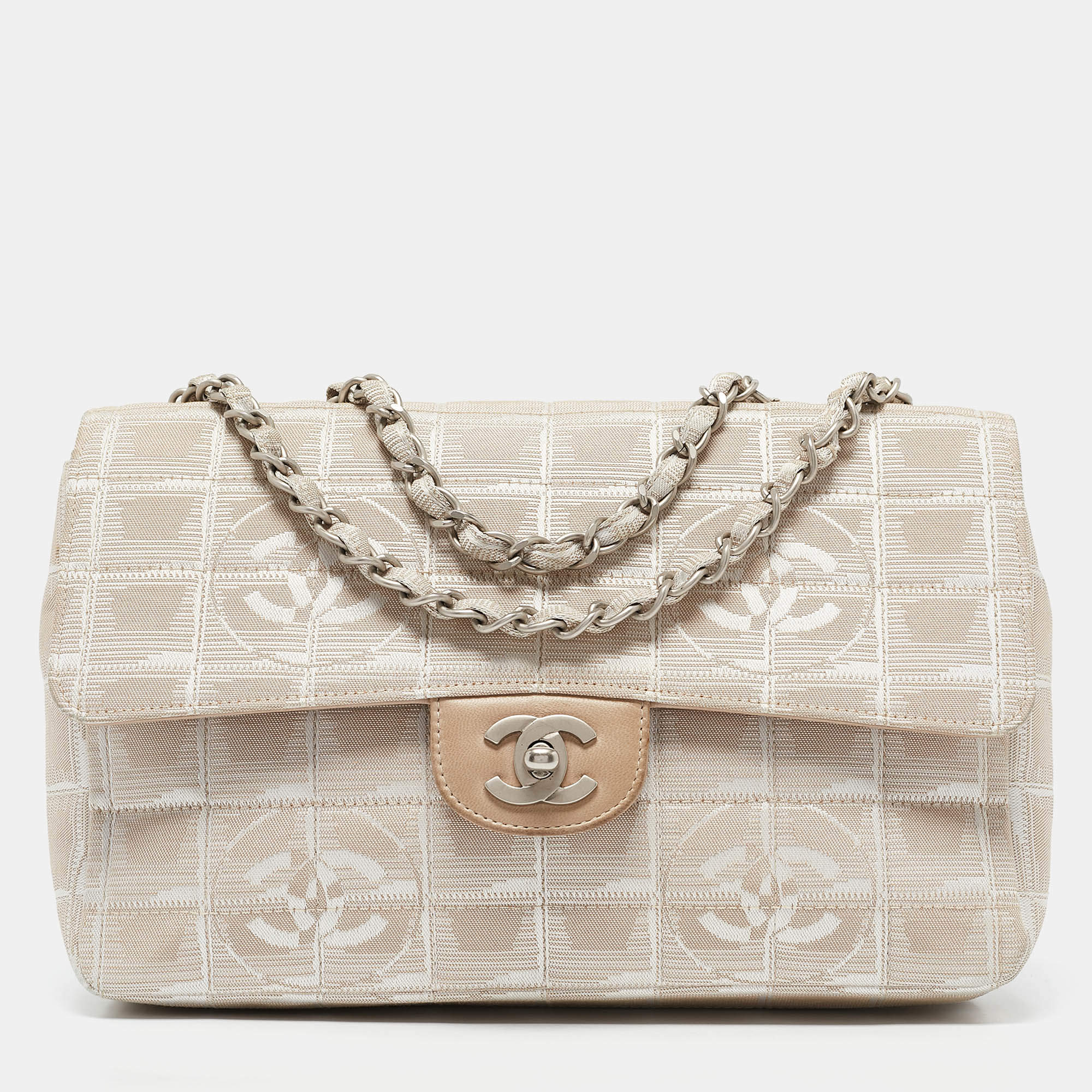 Chanel Beige Cube Quilted Fabric Medium CC Travel Line Flap Bag