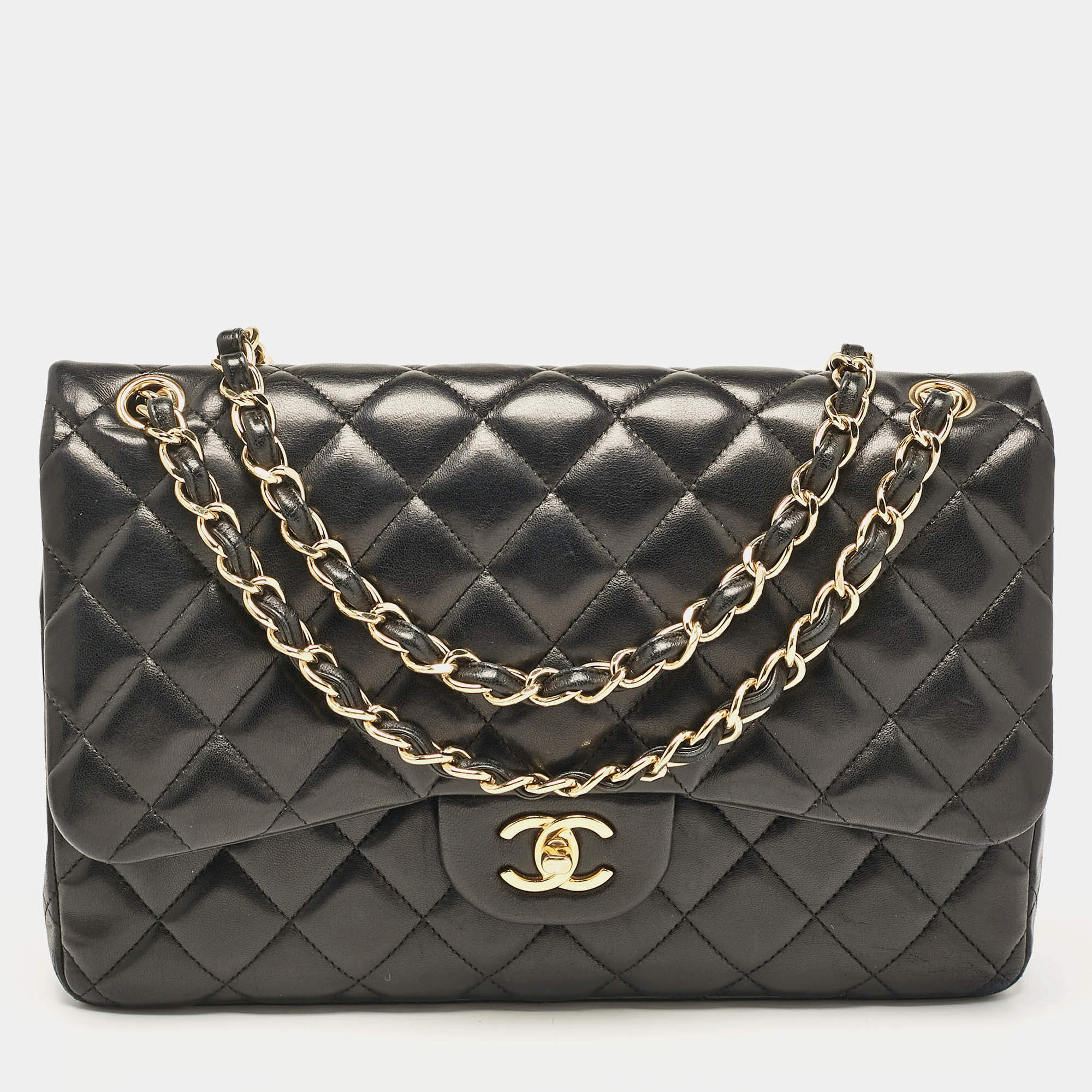 Pre Owned Chanel Black Quilted Leather Jumbo Classic Double Flap Bag