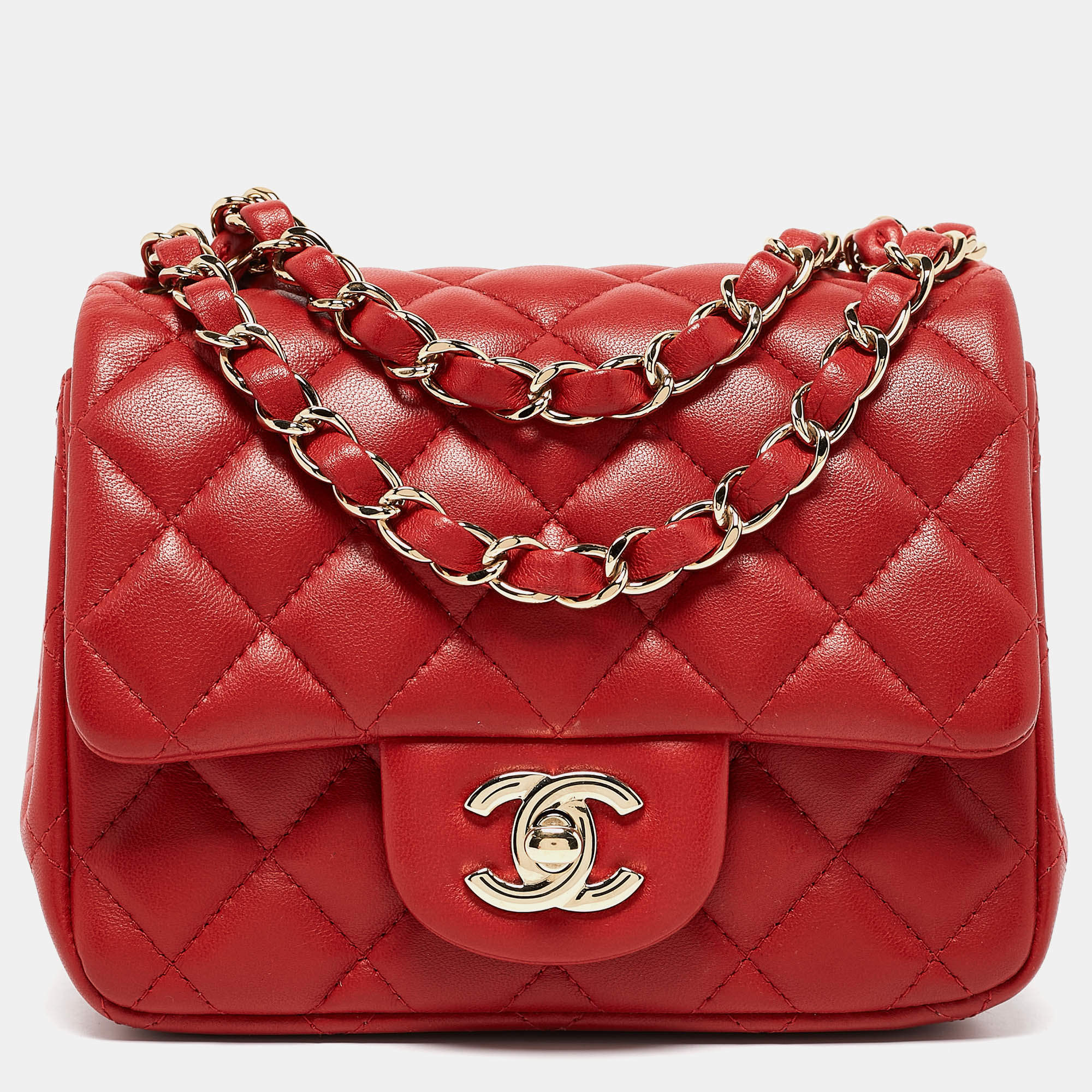 Pre Owned Chanel Red Quilted Leather Mini Square Classic Flap Bag