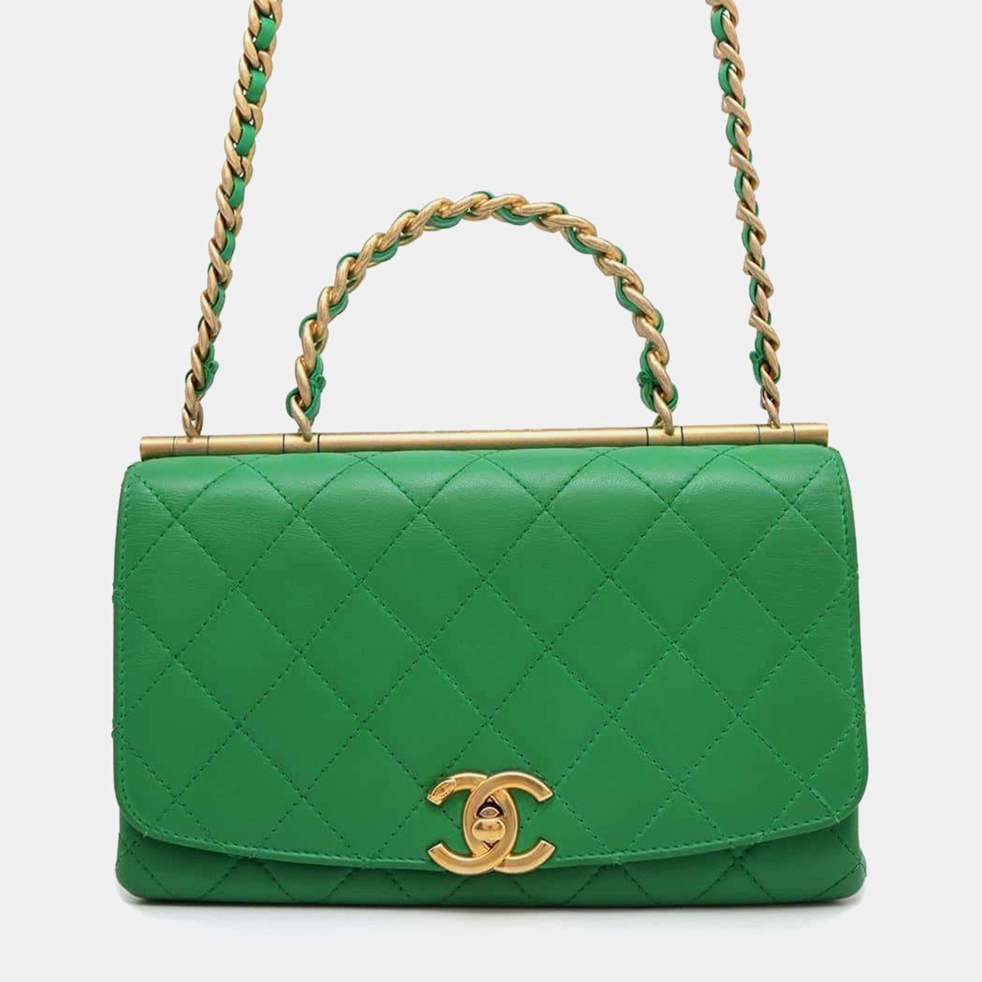 Chanel Green Lambskin Matelasse Top Handle bag