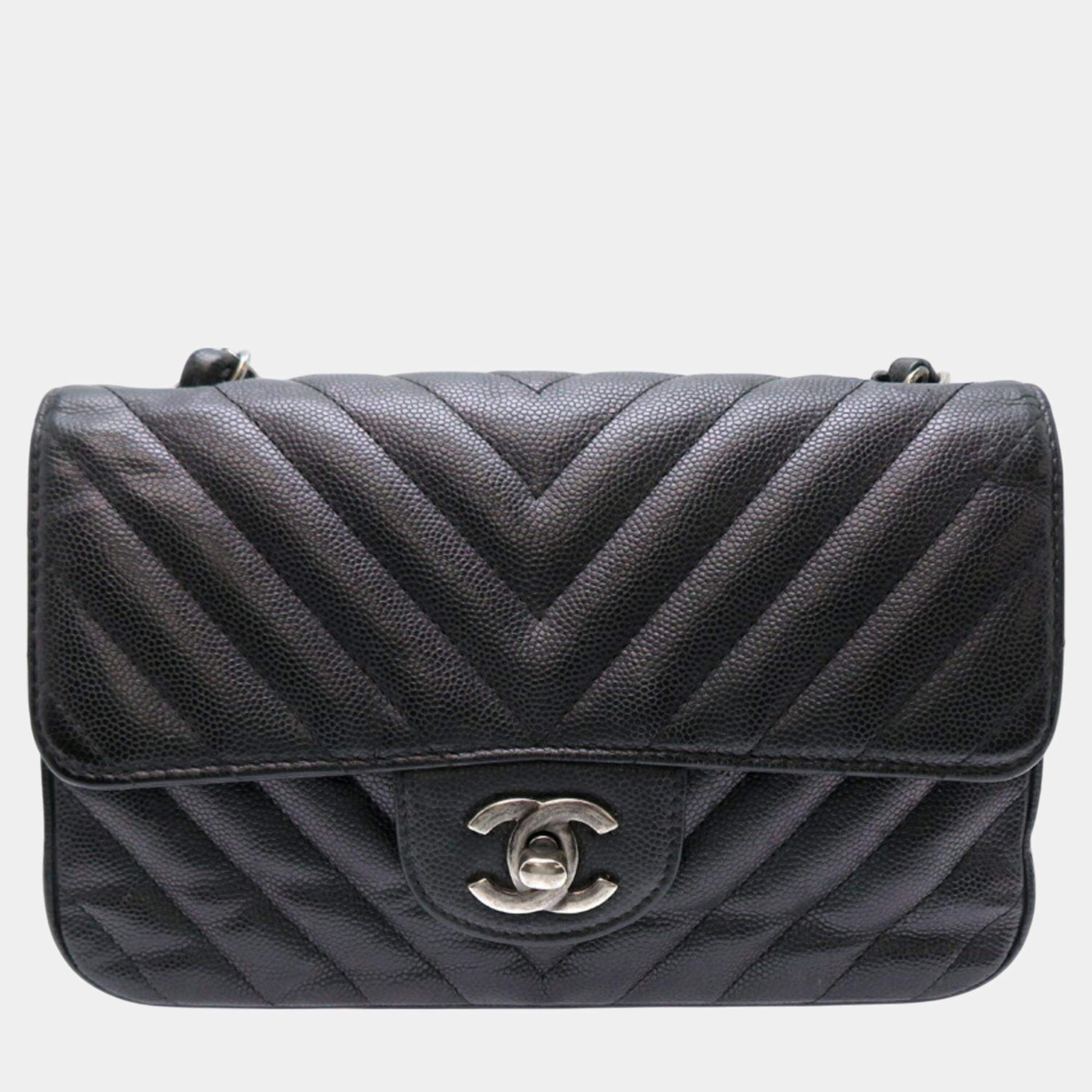 Chanel Caviar Skin Black Seal Chevron  Shoulder Bag
