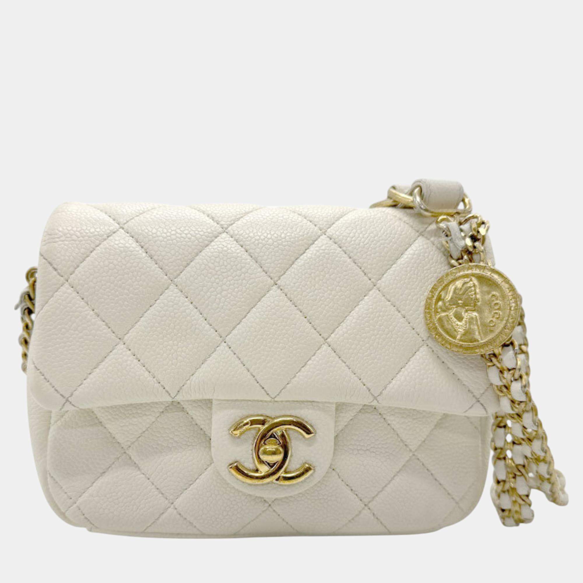 Pre Owned Chanel Caviar Leather Metal Off-White Gold Matelasse Shoulder Bag