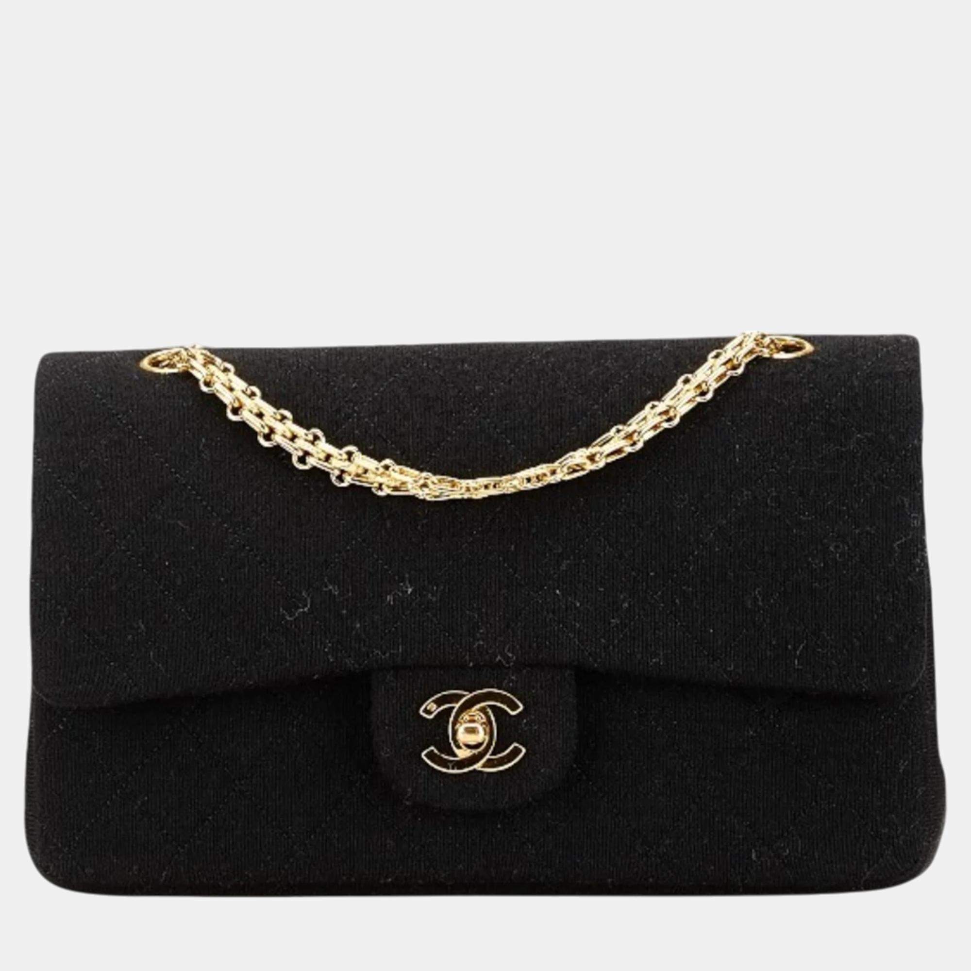 Chanel Black Cotton Jersey Matelasse Double Flap Coco Mark Chain Shoulder Bag