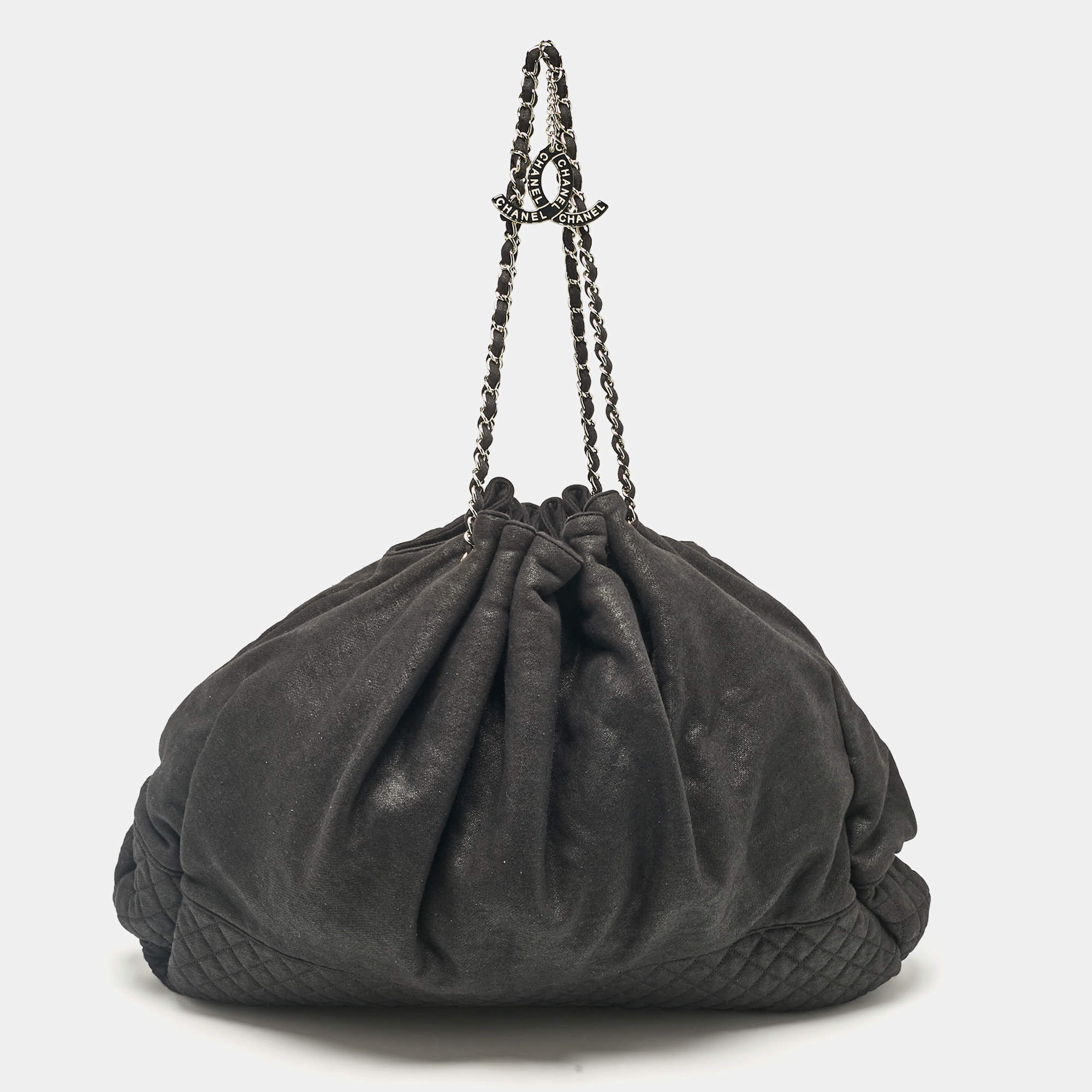 Pre Owned Chanel Black Quilted Jersey Fabric Melrose Cabas Bag