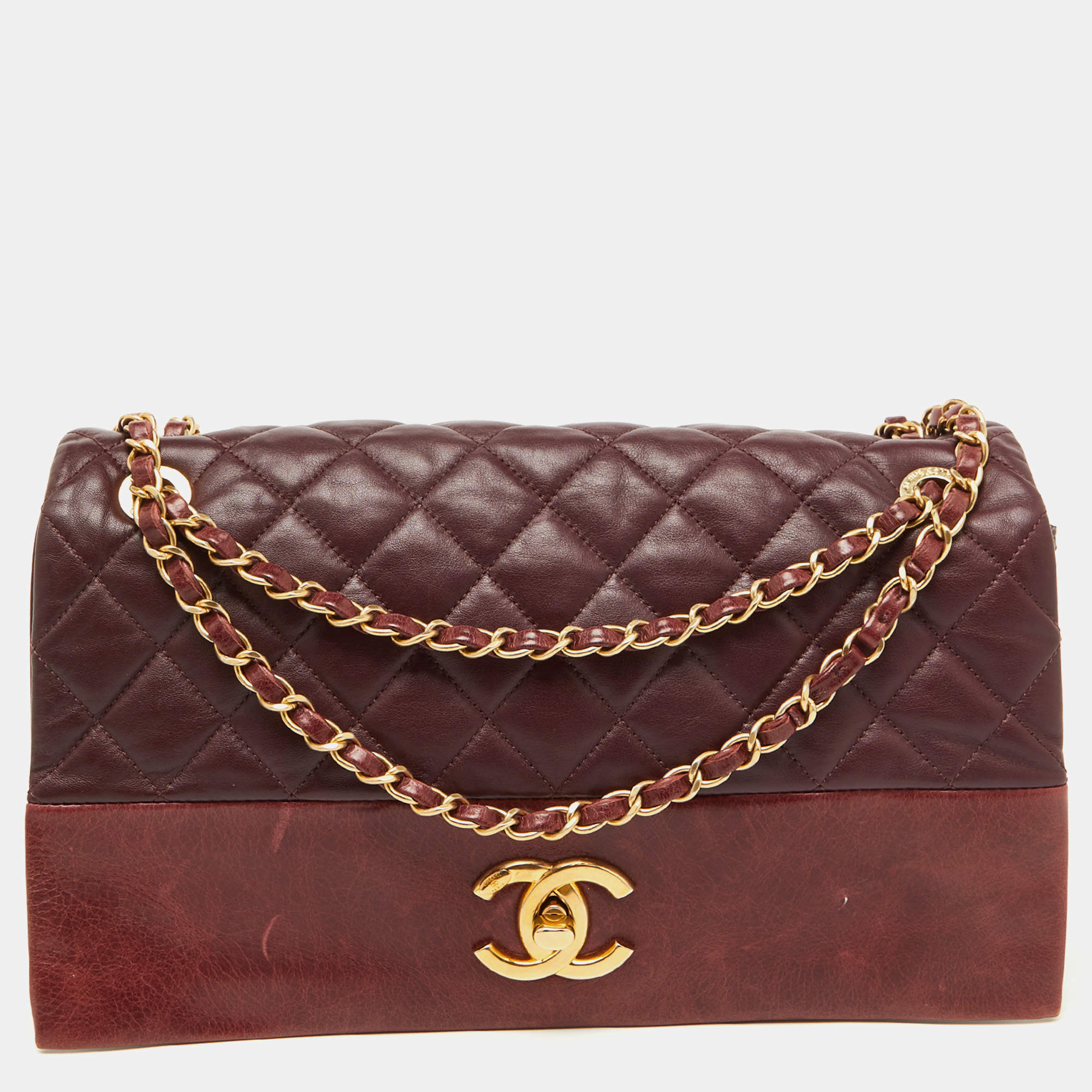 Pre Owned Chanel Burgundy Quilted Leather Jumbo Soft Elegance Flap Bag
