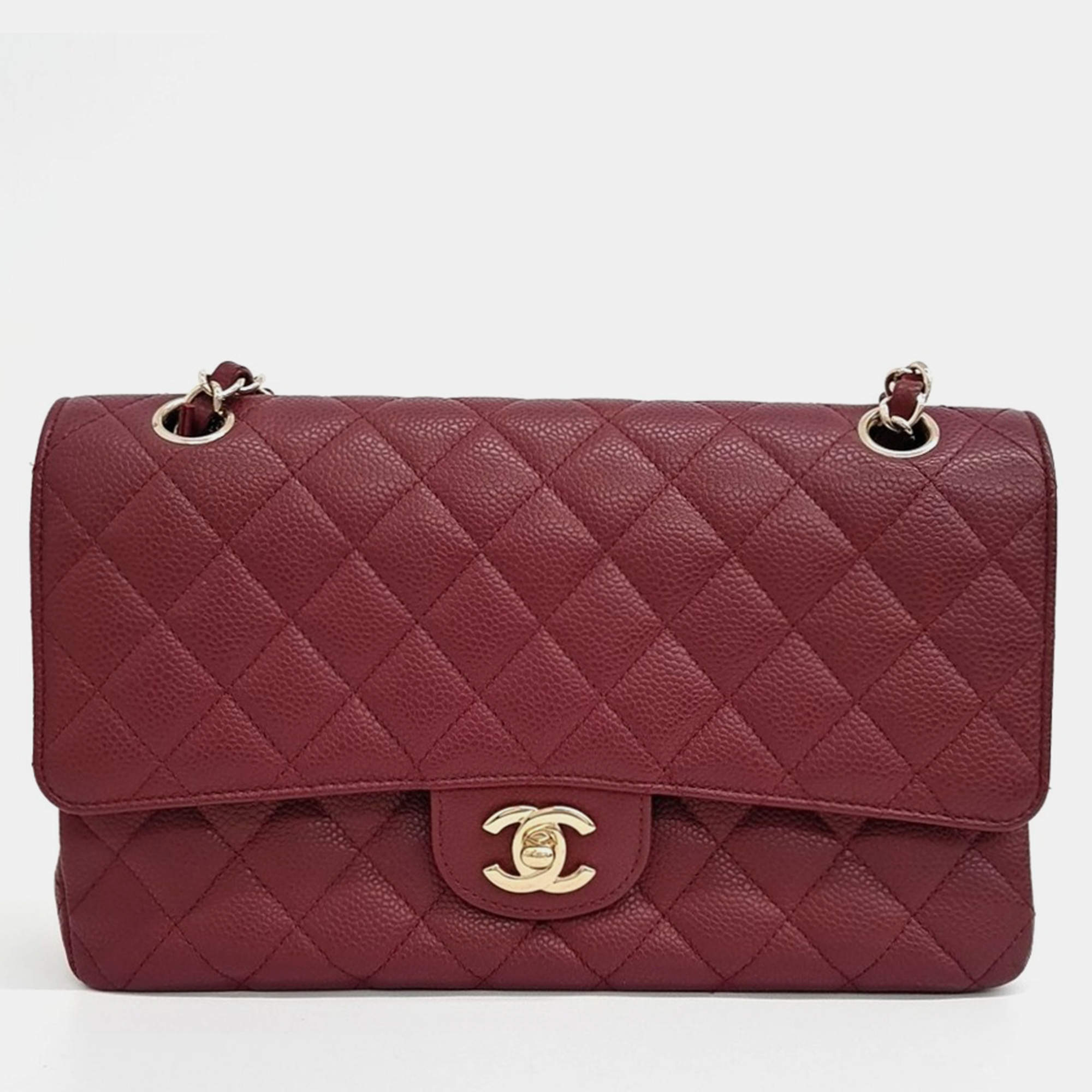 Pre Owned Chanel Red Leather Classic Medium Bag