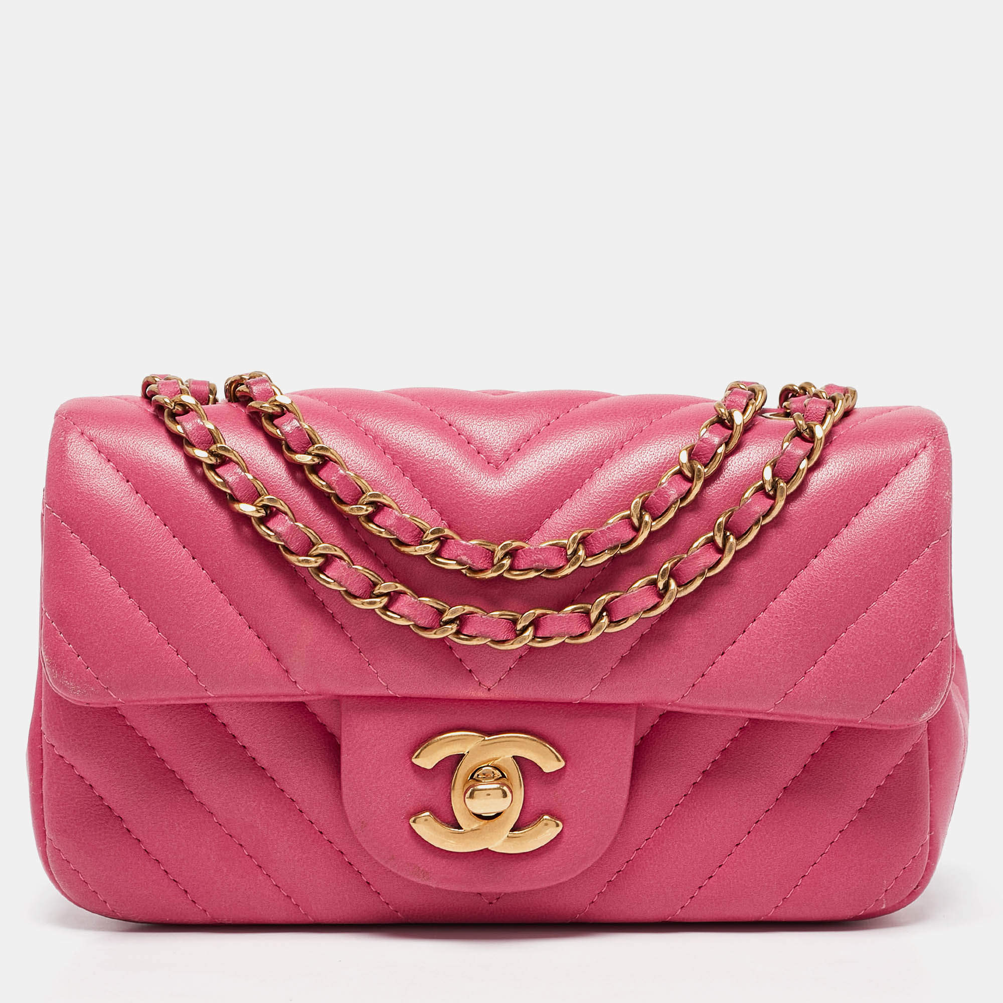 Pre Owned Chanel Fuchsia Chevron Leather Extra Mini Rectangular Flap Bag