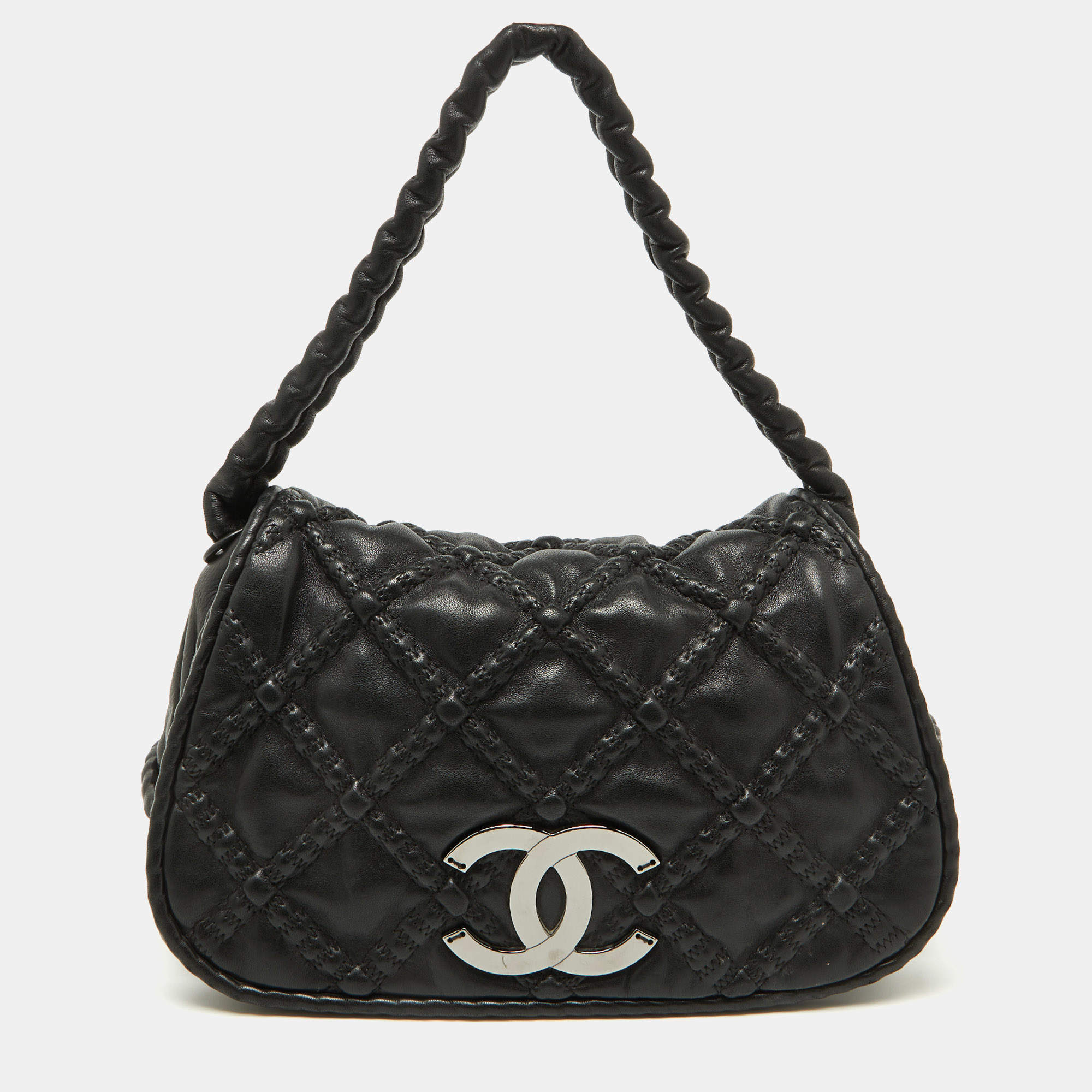 Pre Owned Chanel Black Leather Hidden Chain CC Logo Flap Bag