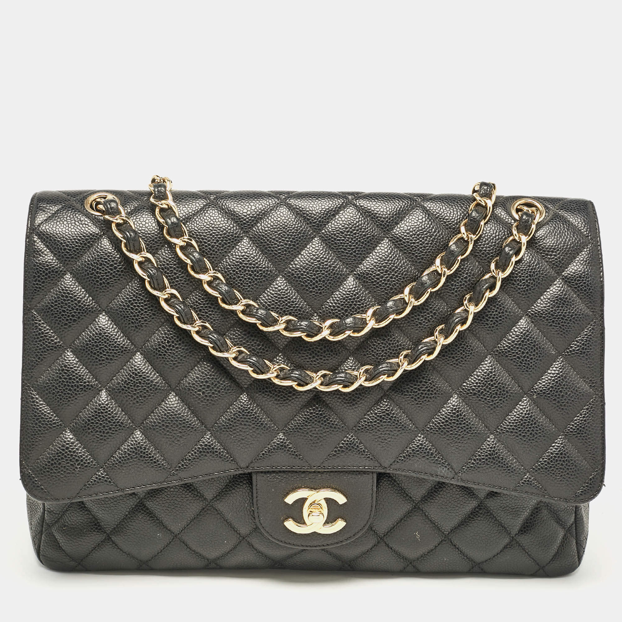 Chanel Black Quilted Caviar Leather Maxi Classic Single Flap Bag