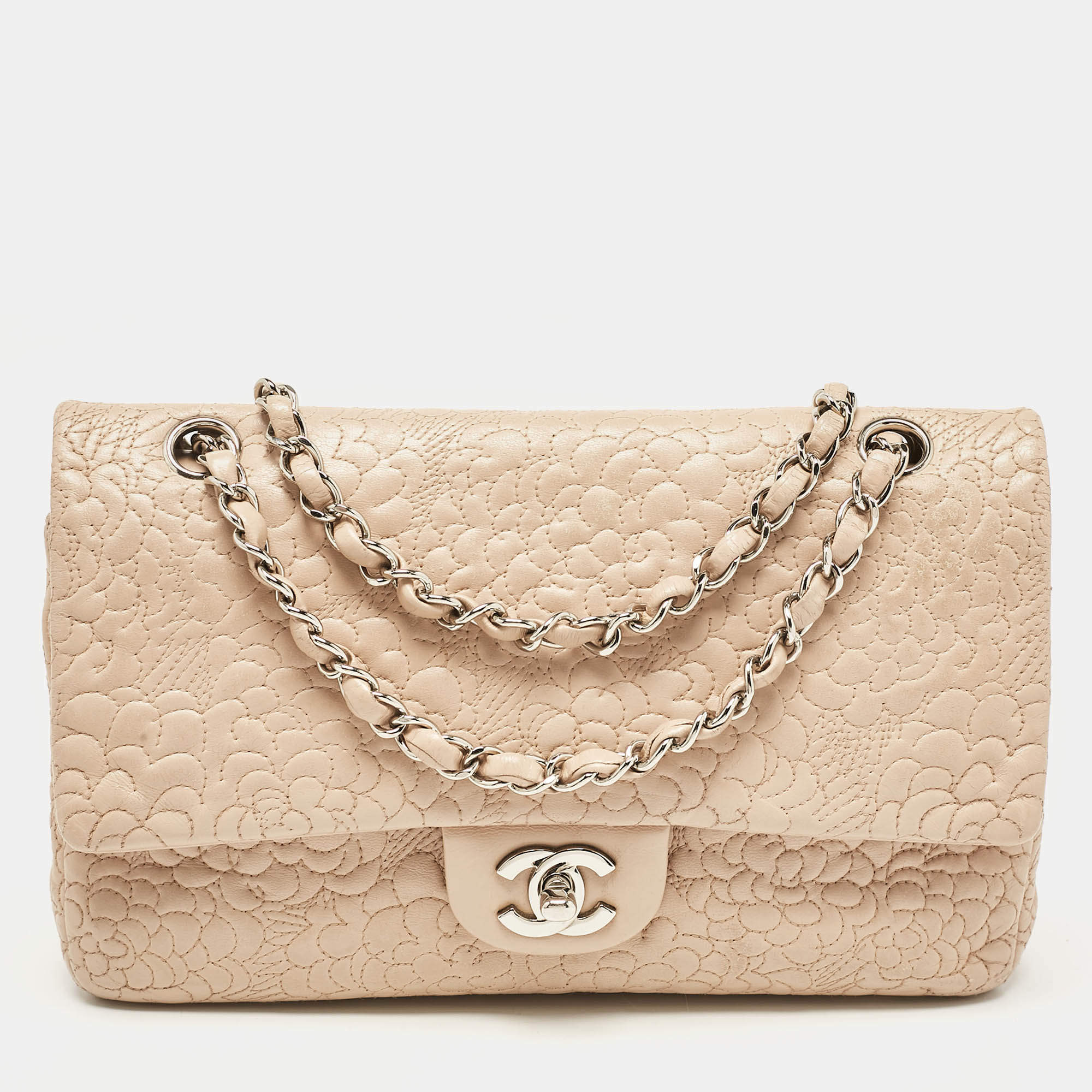 Pre Owned Chanel Beige Leather Medium Camellia Embossed Double Flap Flap Bag
