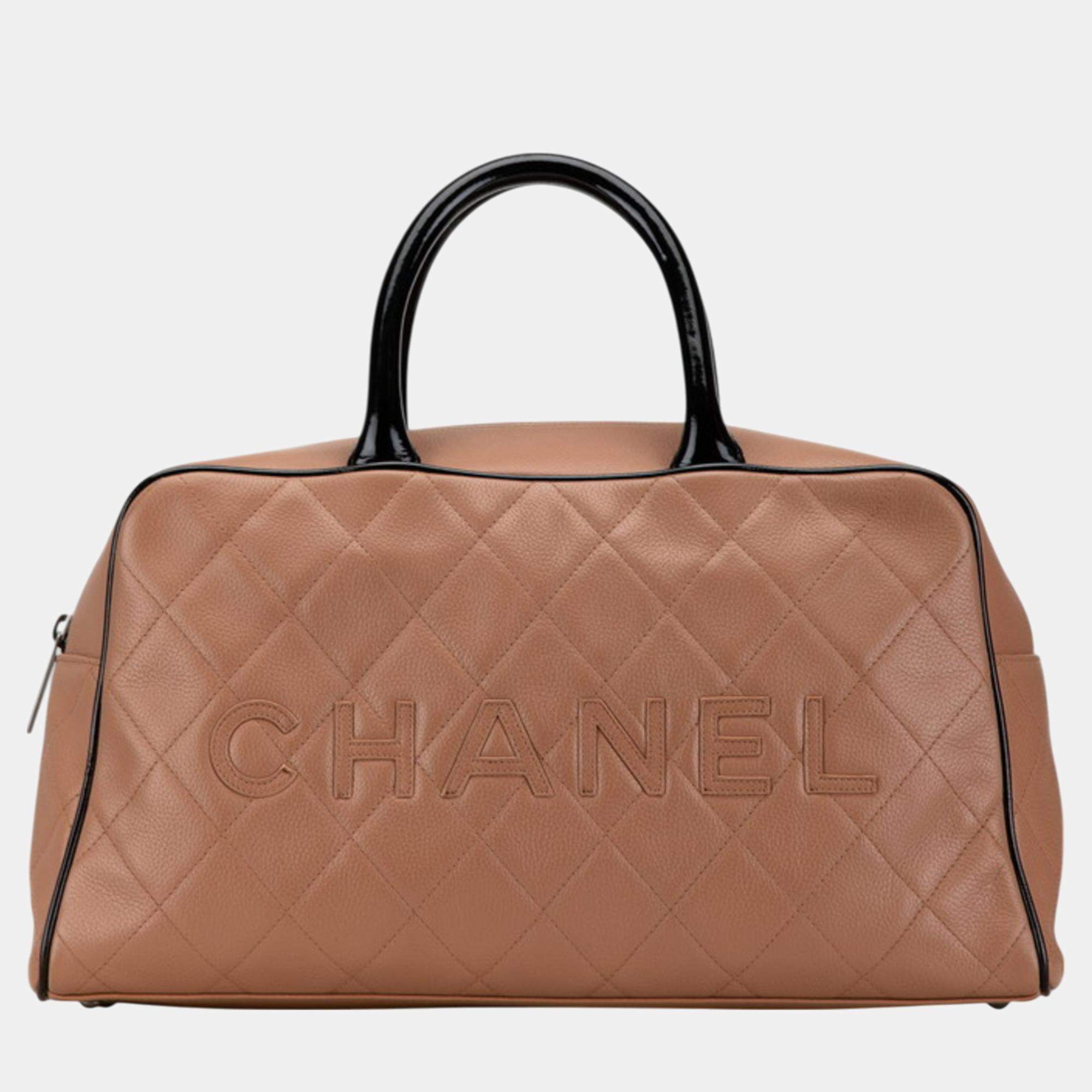 Chanel Pink Beige Black Caviar Skin Patent Leather Matelasse Boston Bag