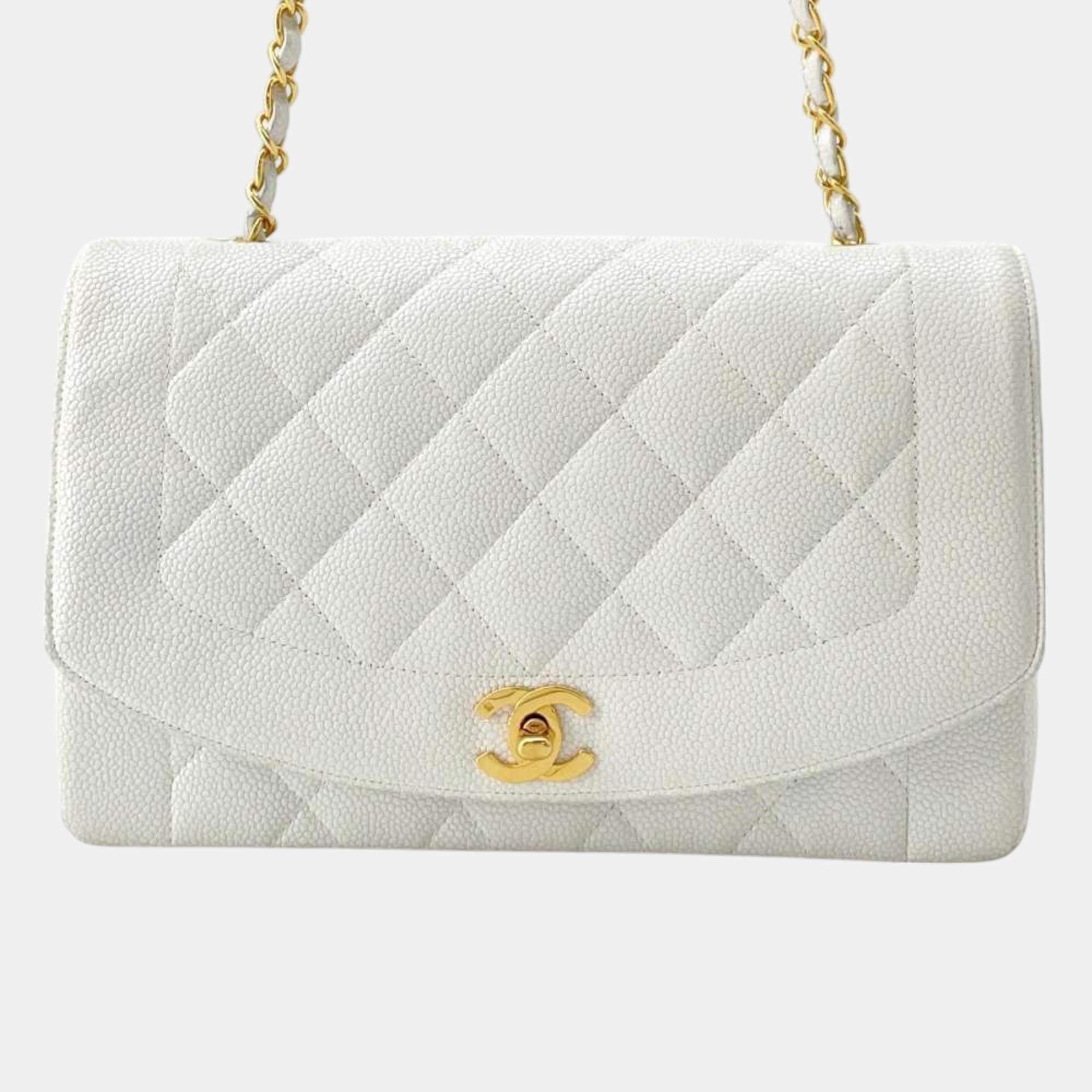 Chanel White Caviar Leather Diana Chain Shoulder Bag