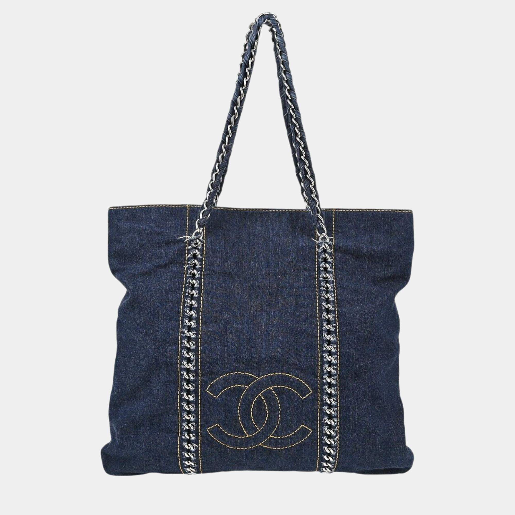 Pre Owned Chanel Blue Denim Luxury Line Tote Handbag