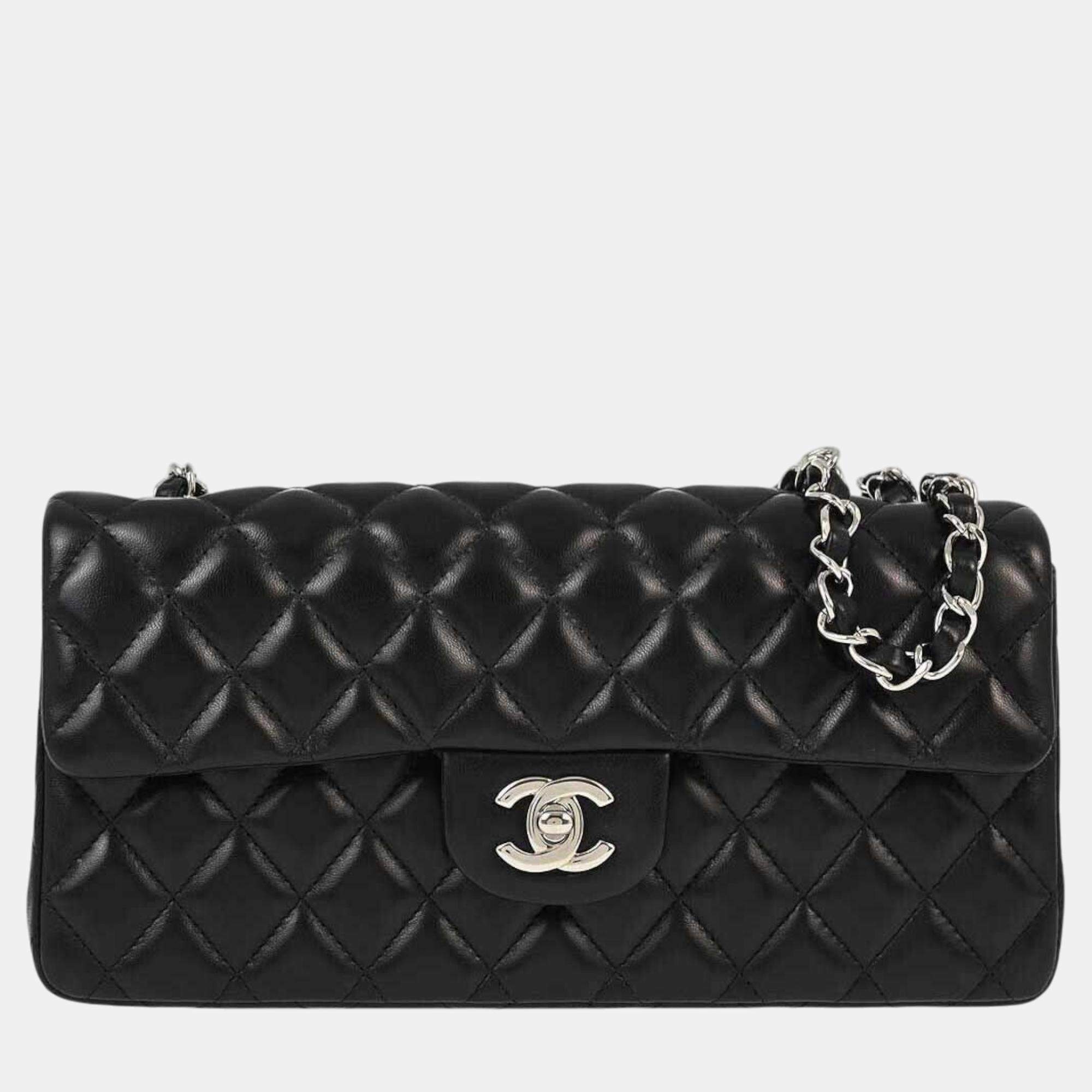 Pre Owned Chanel Black Lambskin East West Shoulder Bag