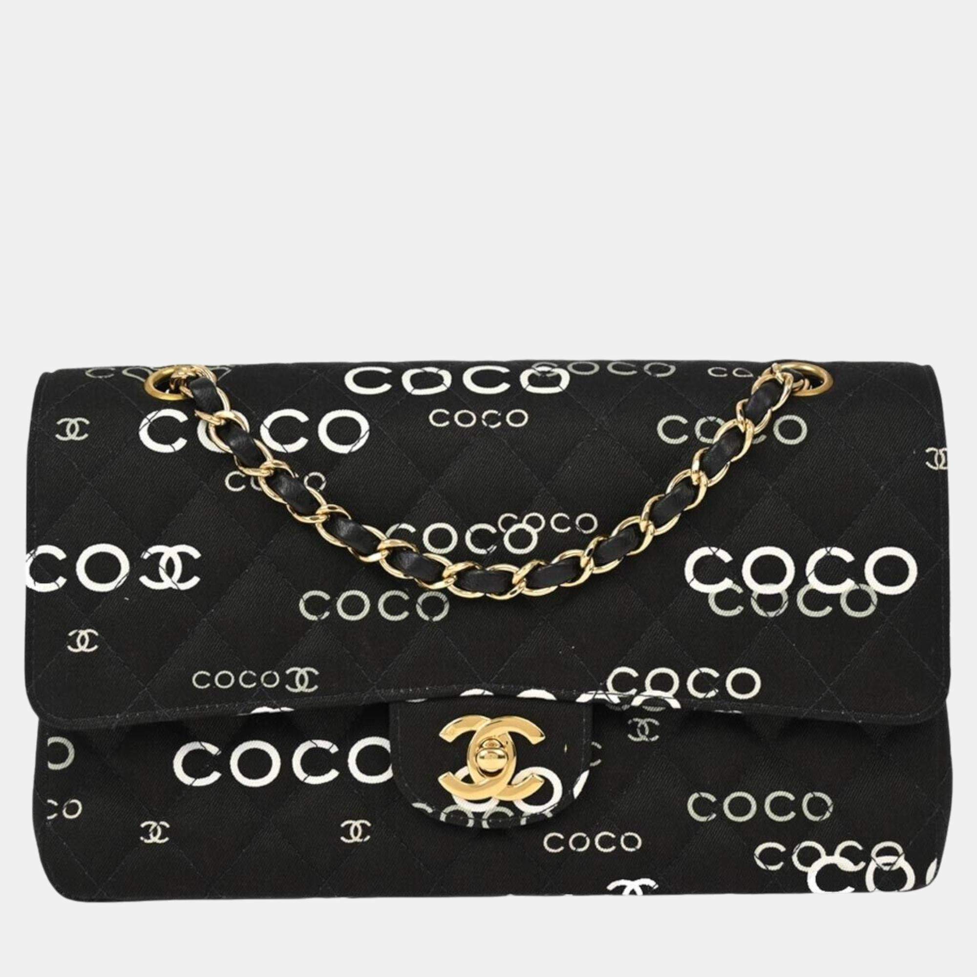 Chanel Black Canvas Coco Medium Classic Double Flap Shoulder Bag