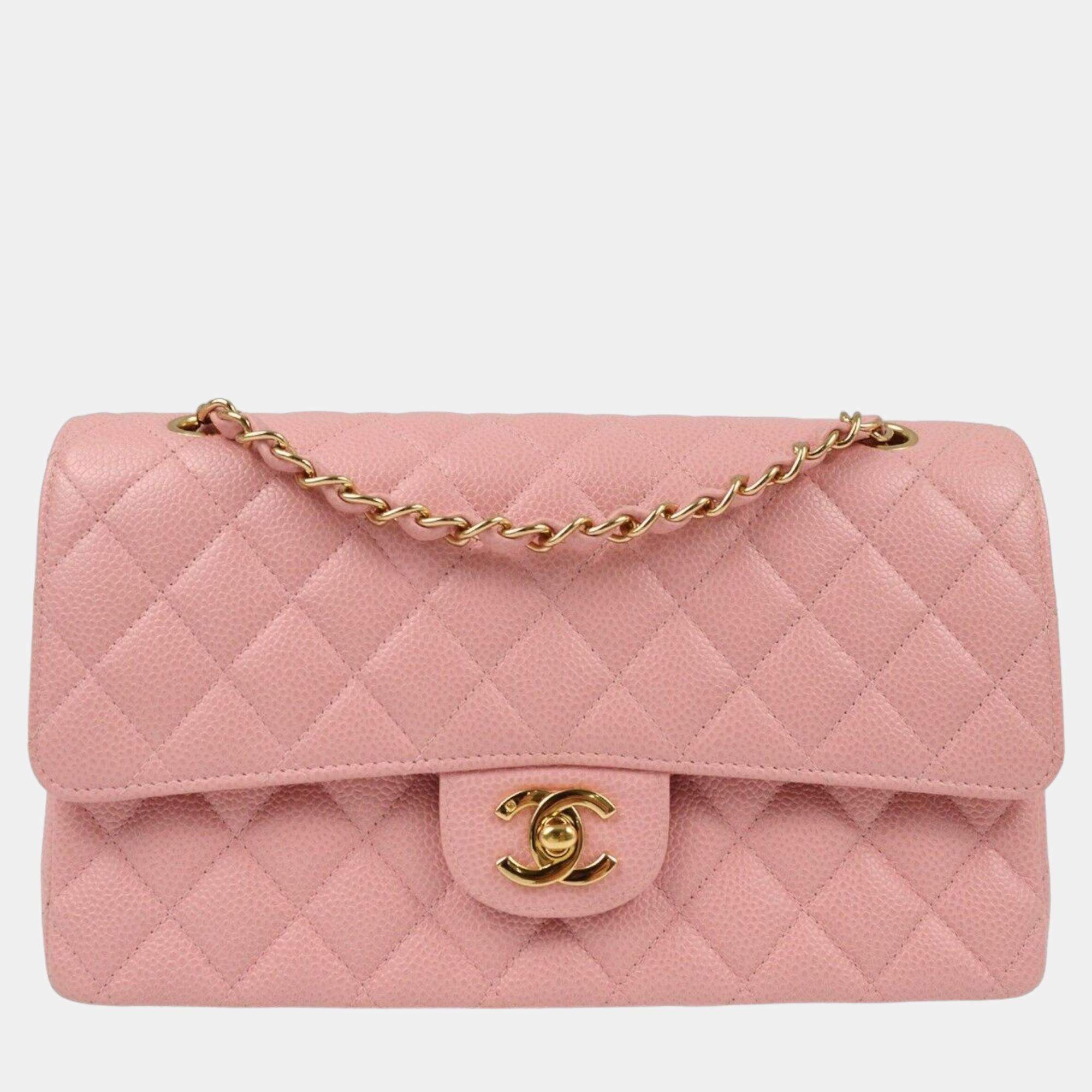 Pre Owned Chanel Pink Calfskin Medium Classic Double Flap Shoulder Bag