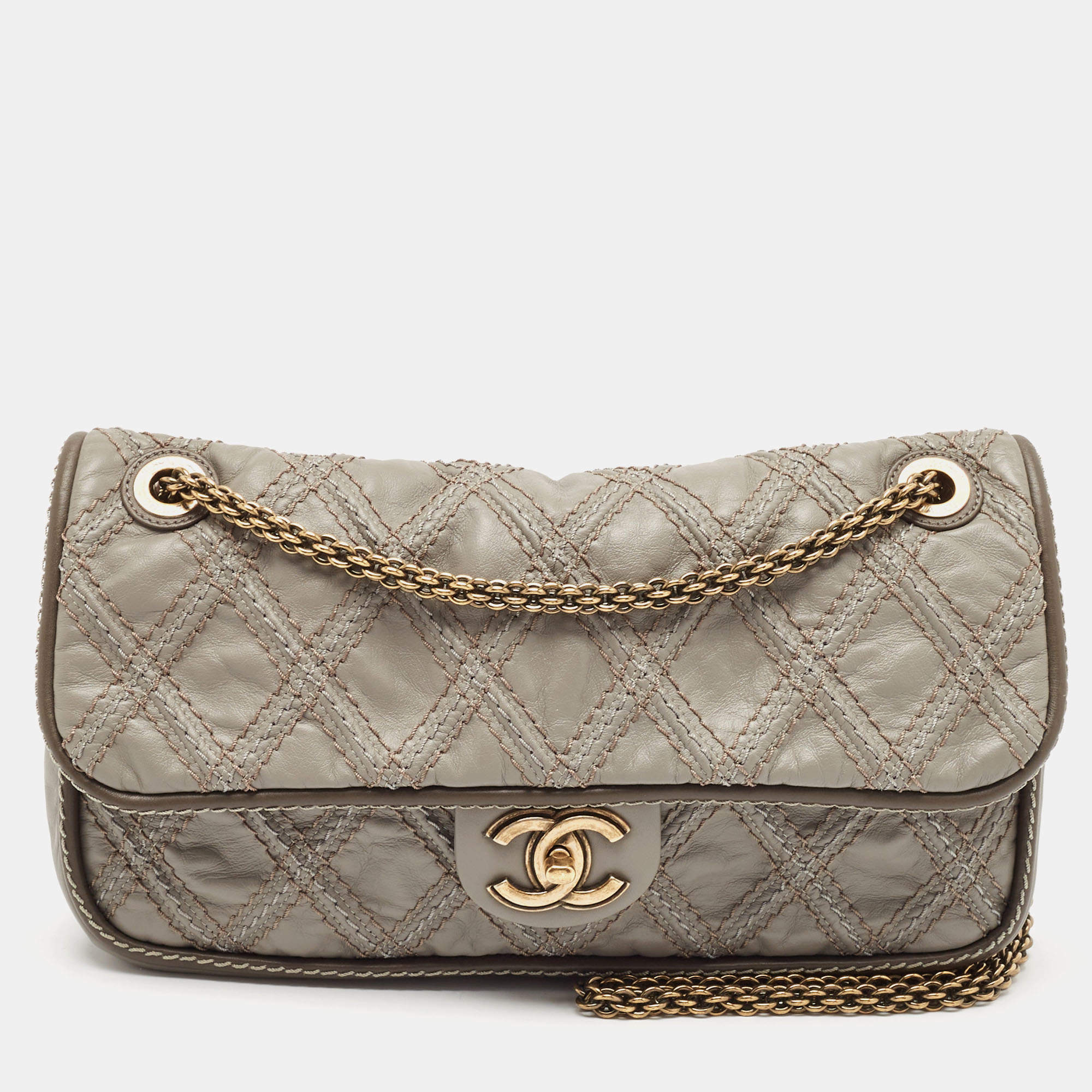 Pre Owned Chanel Grey Quilted Leather Paris-Bombay Triptych Flap Bag