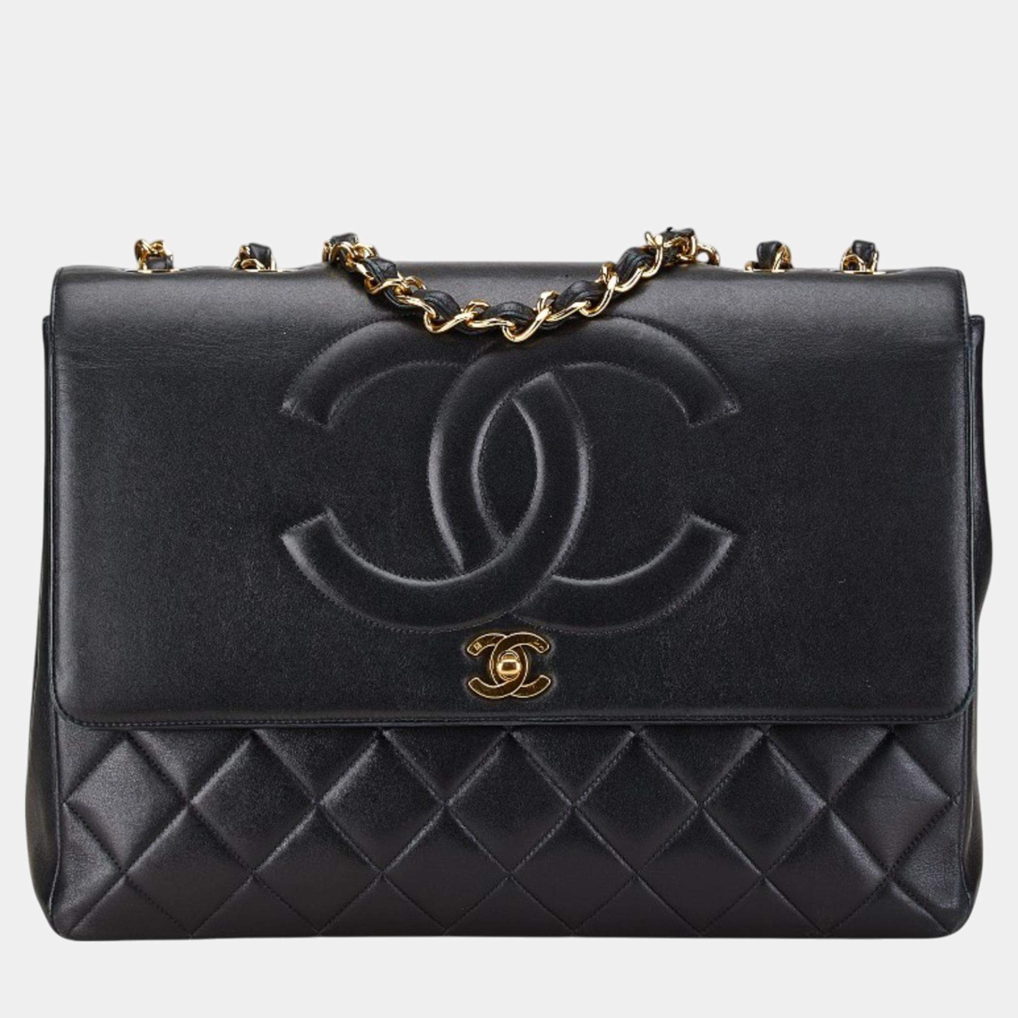 Chanel Black Lambskin Matelasse Coco Mark Chain Shoulder Bag