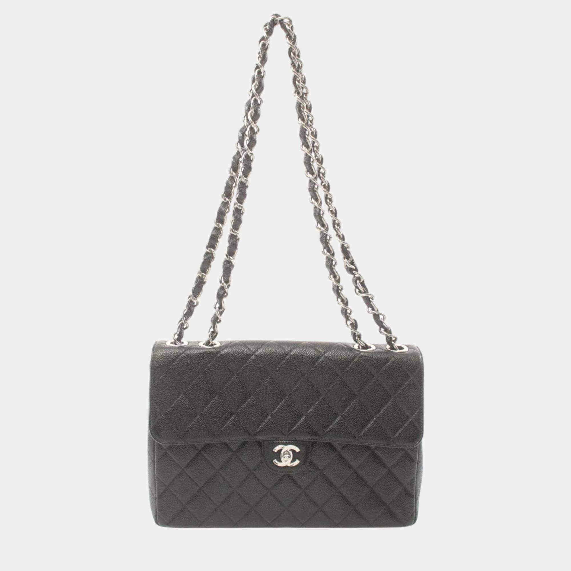 Chanel Leather Grained Calfskin Black Deca Matelasse 30 Classic Large W-Flap Shoulder Bag
