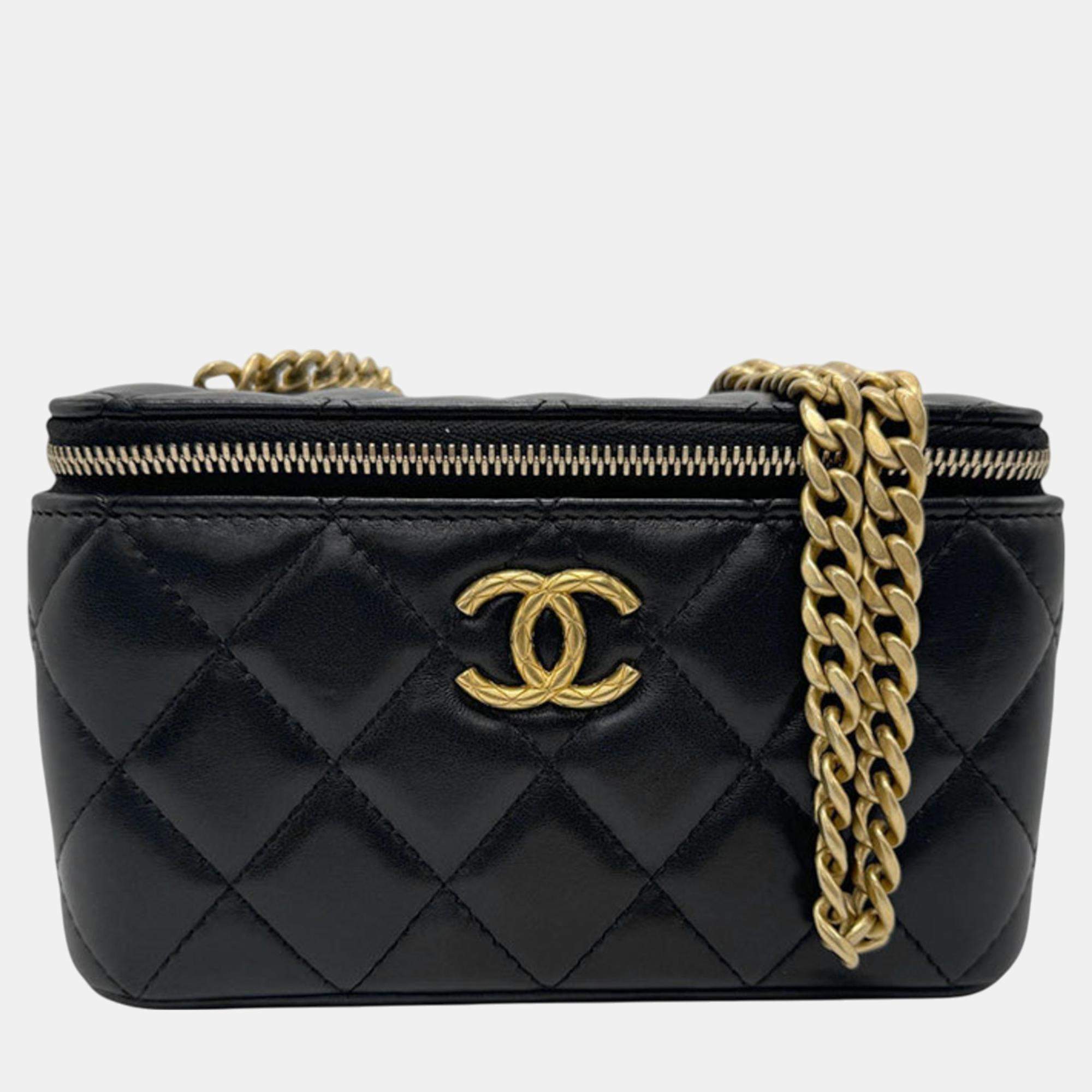 Chanel Metal Black Gold Leather Matelasse Vanity Shoulder Bag