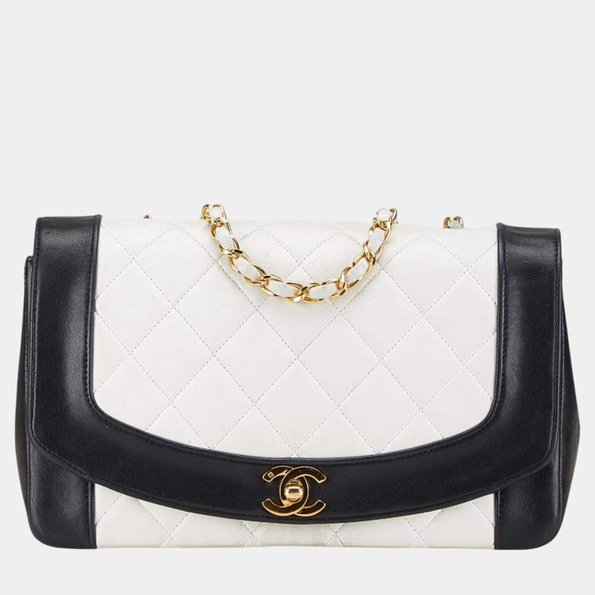 Chanel White Black Bicolor Lambskin Matelasse 25 Coco Mark Diana Chain Shoulder Bag