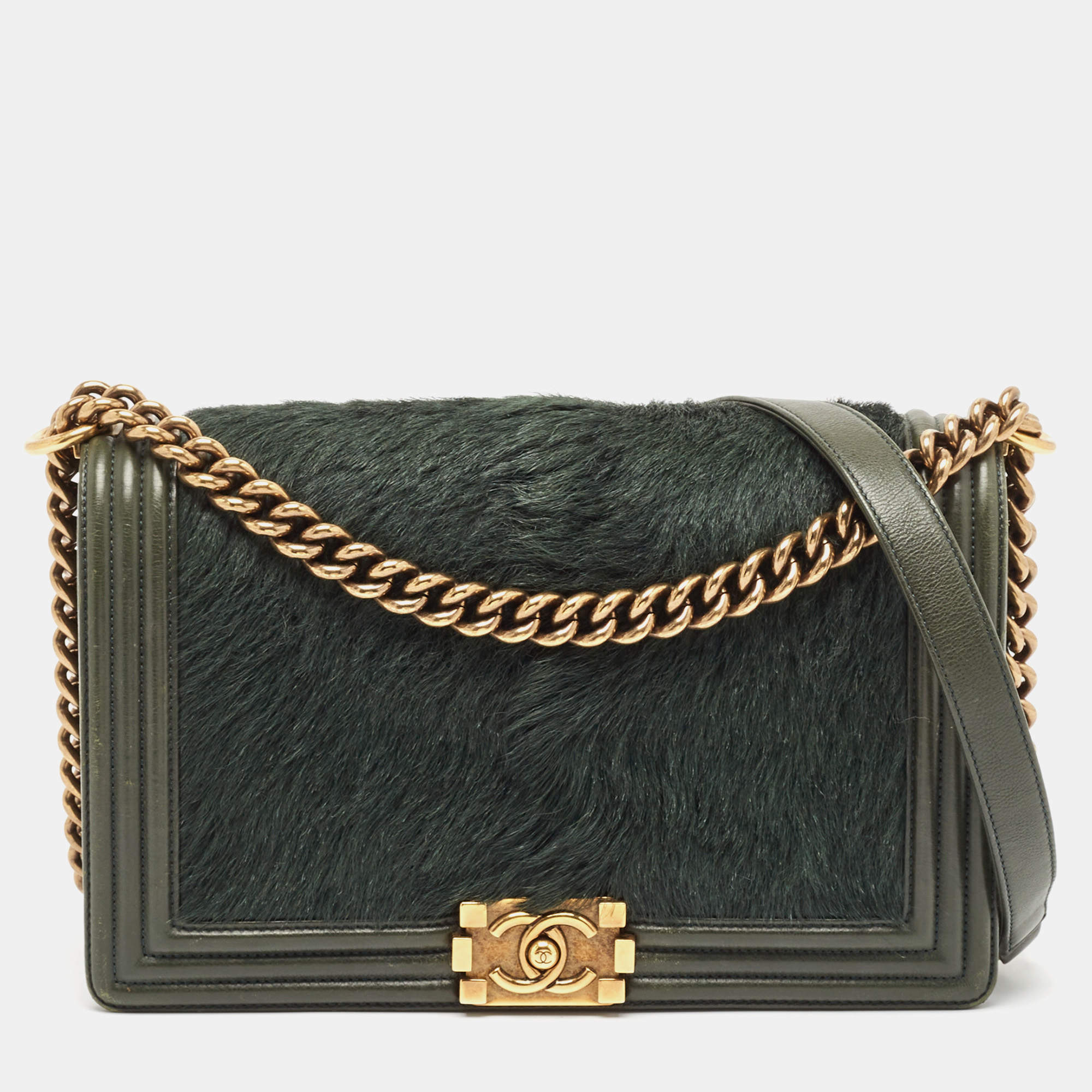 Pre Owned Chanel Green Calfhair and Leather New Medium Boy Flap Bag