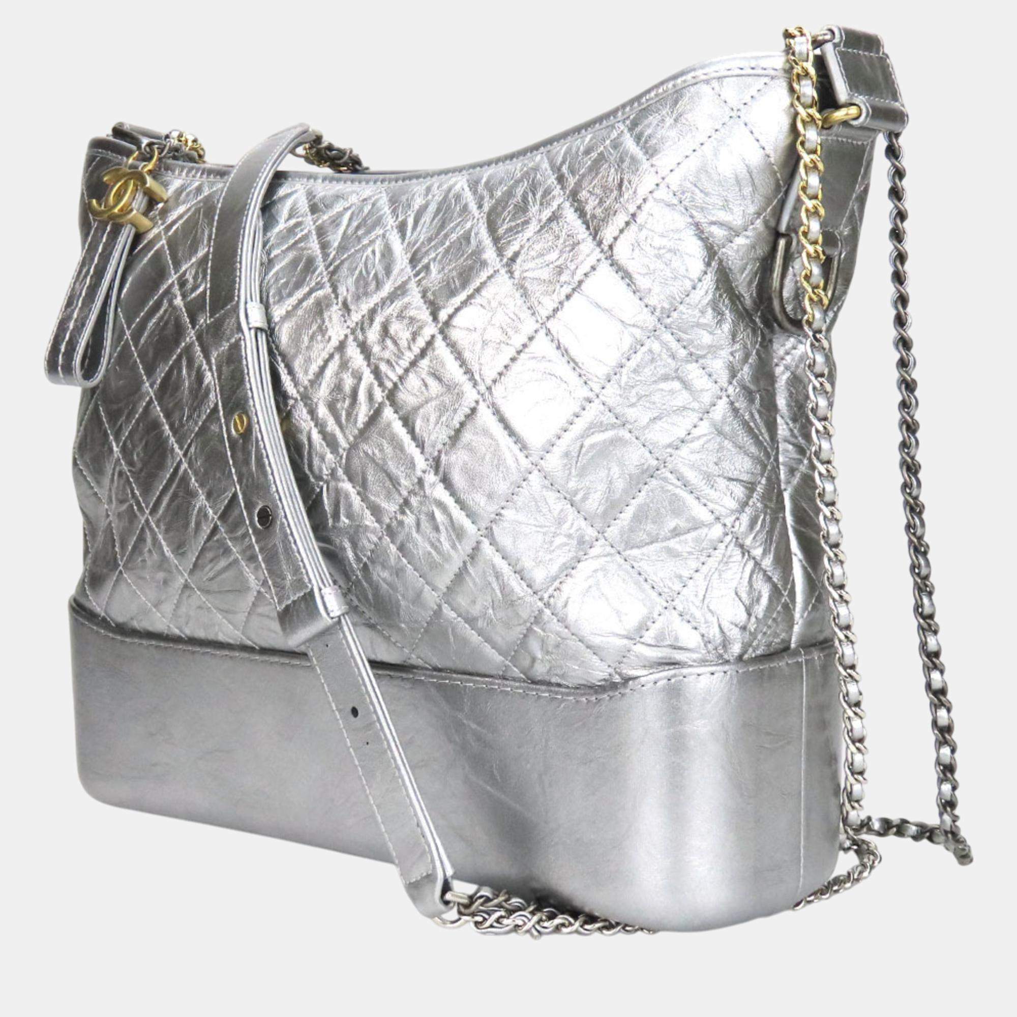 Pre Owned Chanel Leather Silver Metallic Gabrielle Chain Large Hobo Shoulder Bag