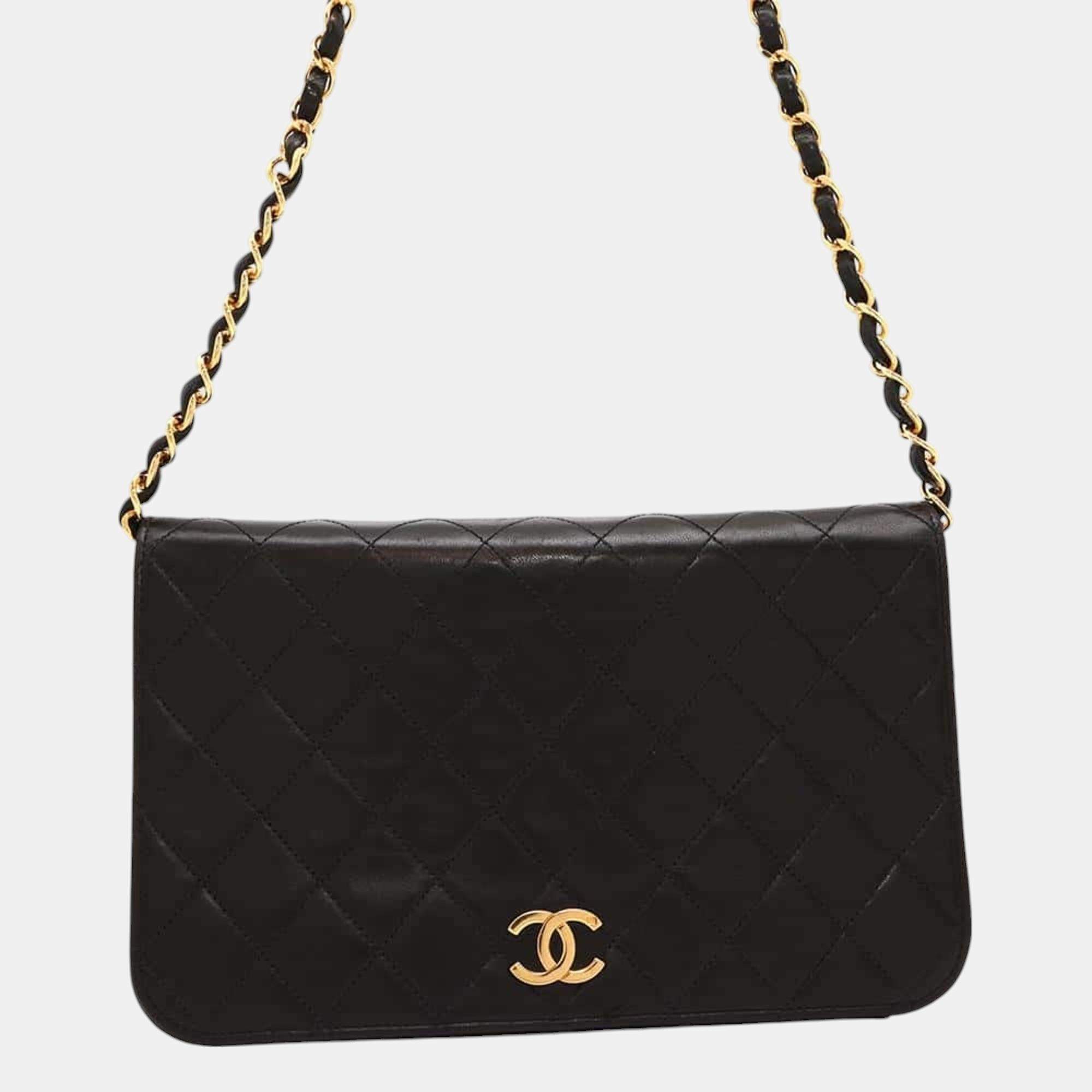 Chanel Black Lambskin Coco Mark Matelasse Push Lock Chain Shoulder Bag