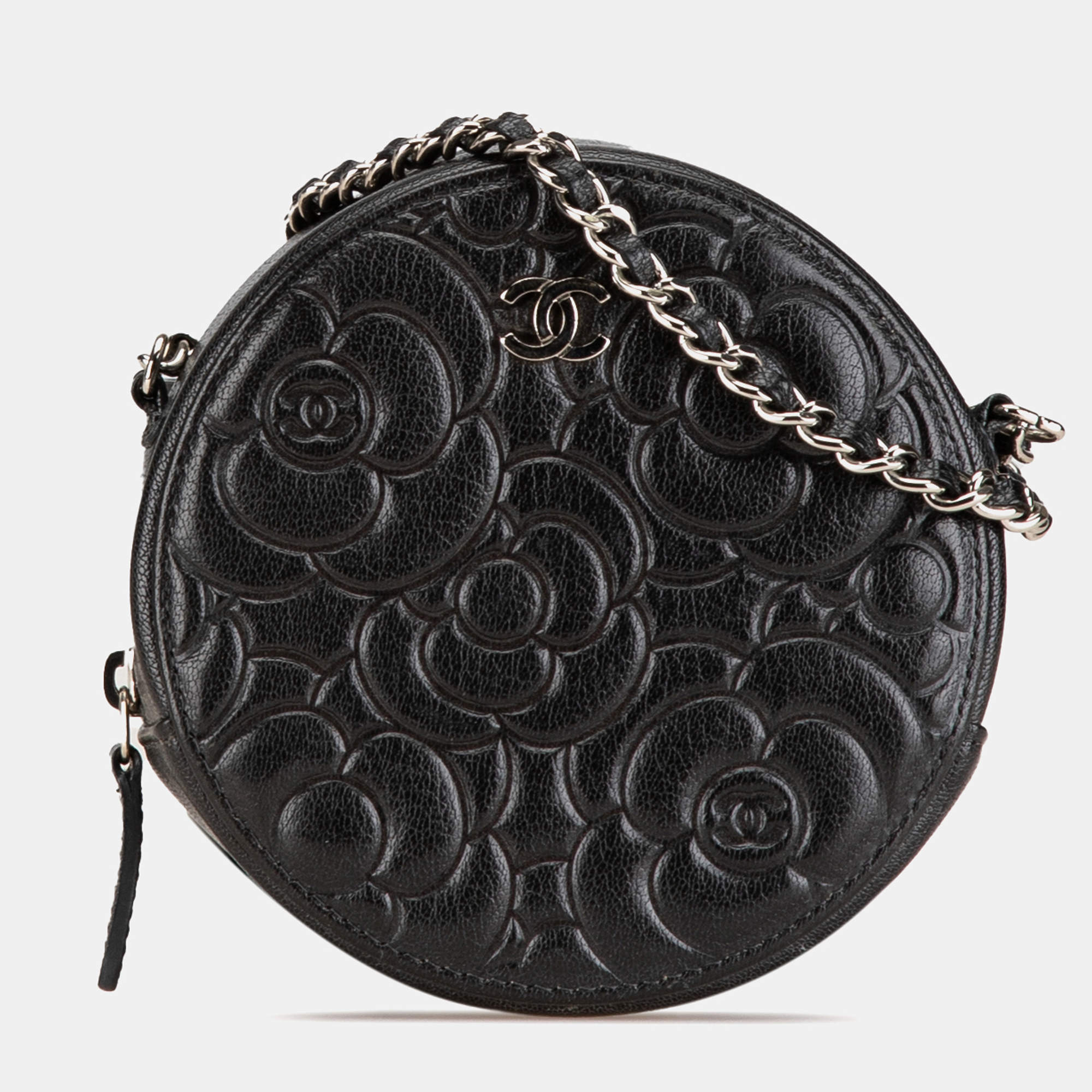 Pre Owned Chanel Black Goatskin Camellia Round Clutch with Chain