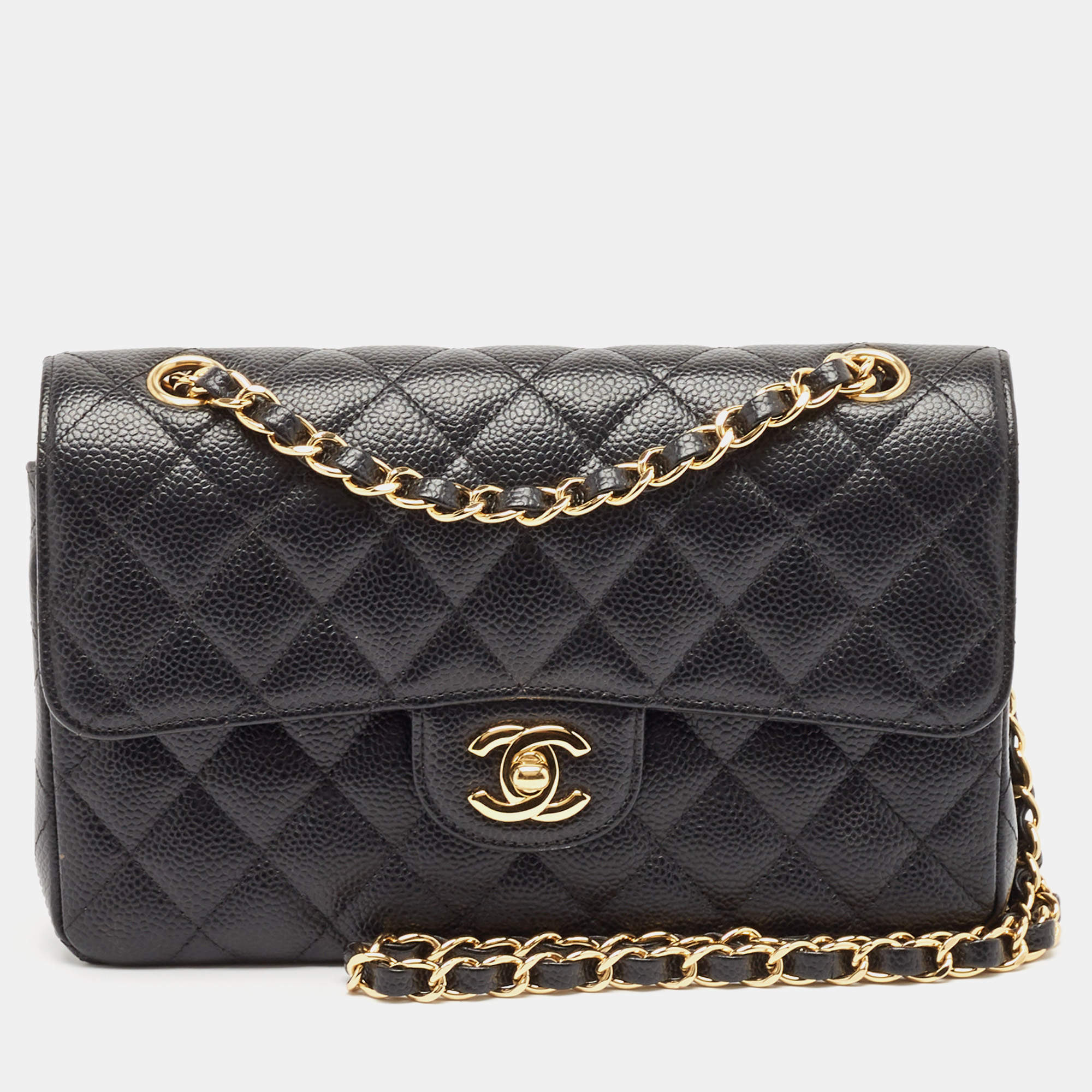 Pre Owned Chanel Black Quilted Caviar Leather Small Classic Double Flap Bag