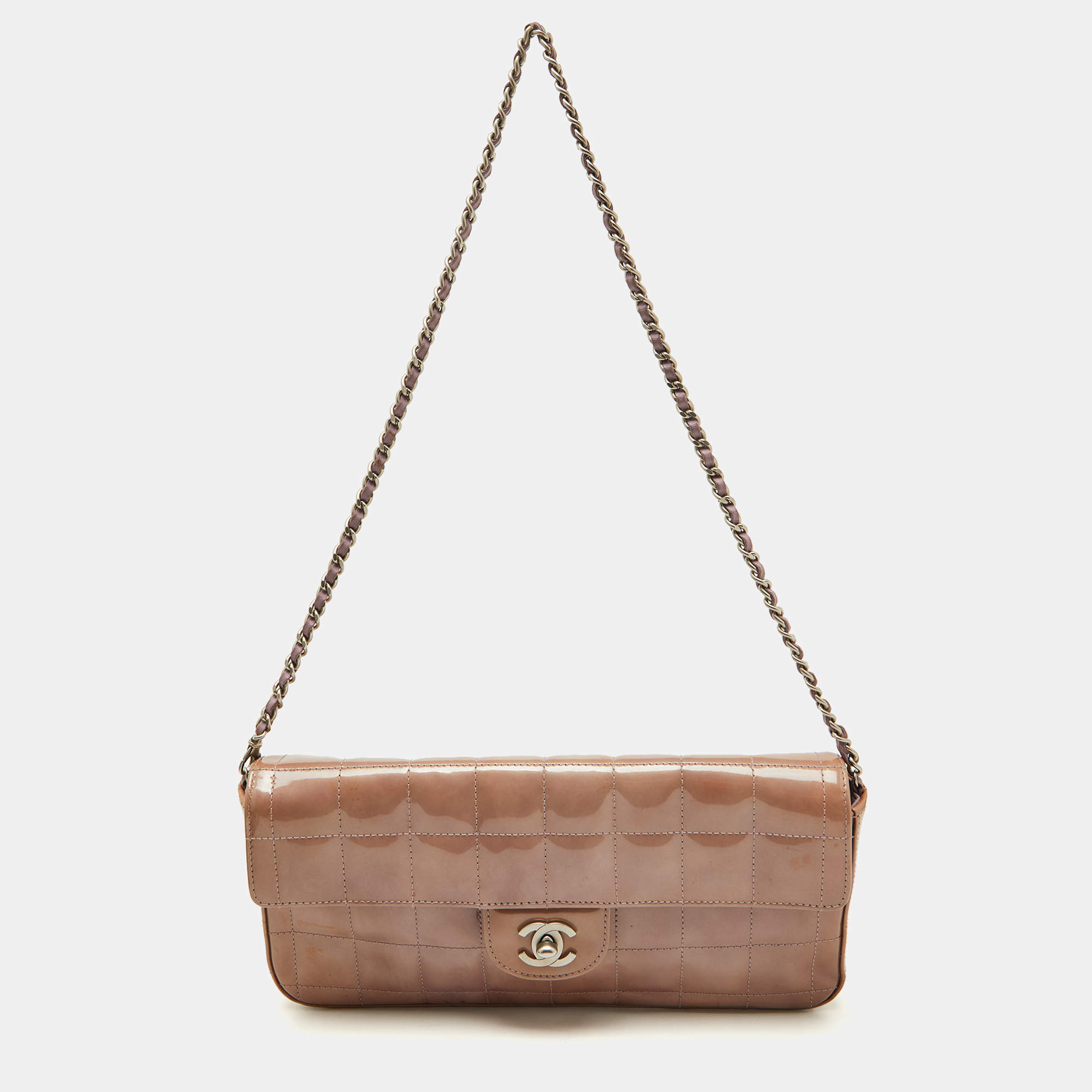 Chanel Dusty Pink Quilted Patent Leather Chocolate Bar CC East West Flap Bag