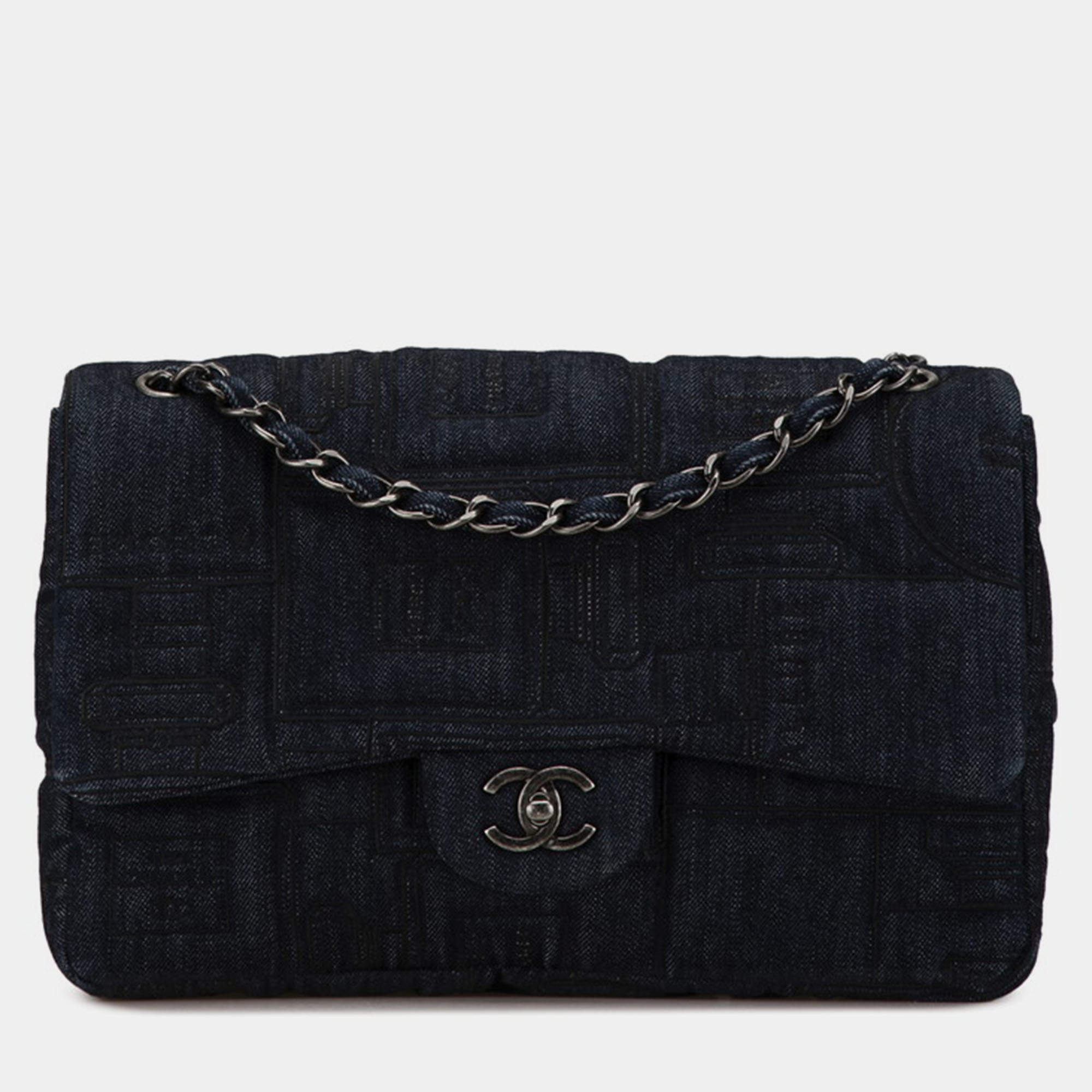 Pre Owned Chanel Blue Denim Perfume Embroidery Chain Shoulder Bag
