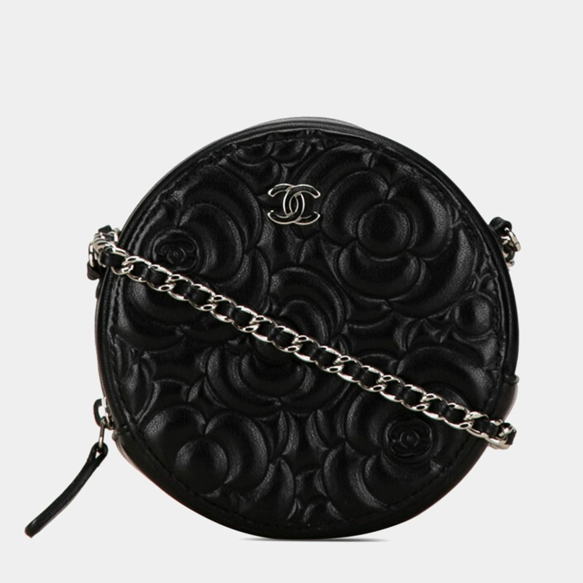 Pre Owned Chanel Black Leather Camellia Round Mini Chain Shoulder Bag
