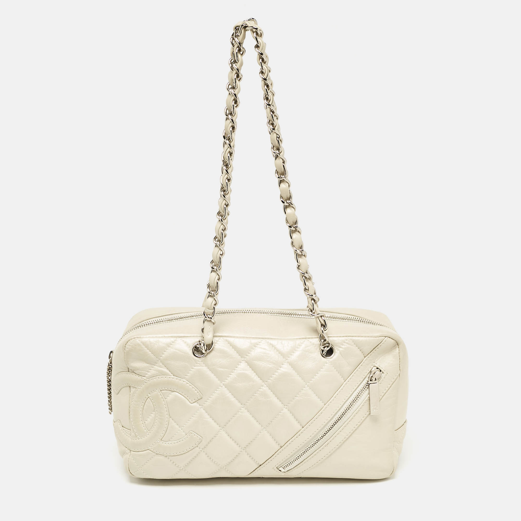 Pre Owned Chanel Light Beige Quilted Aged Leather Cotton Club Bowler Bag