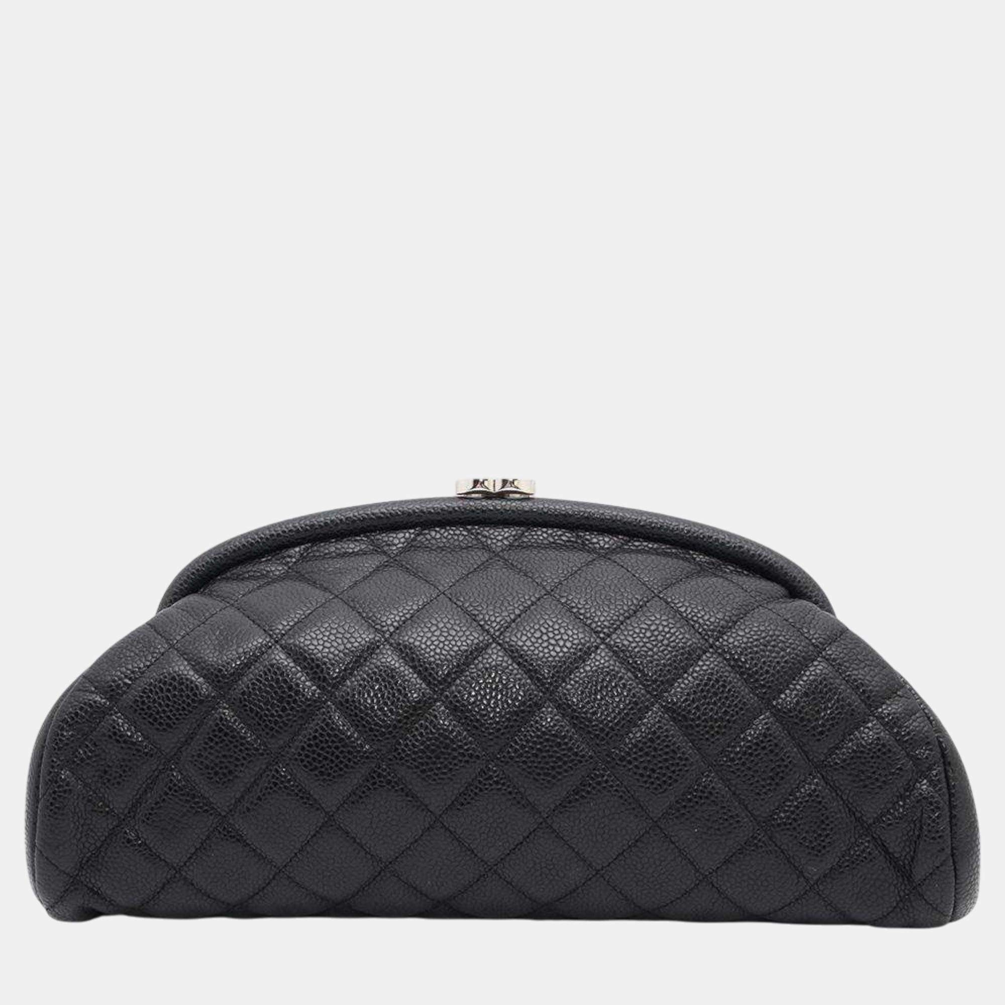 Pre Owned Chanel Black Caviar Leather Kiss Lock Clutch Bag