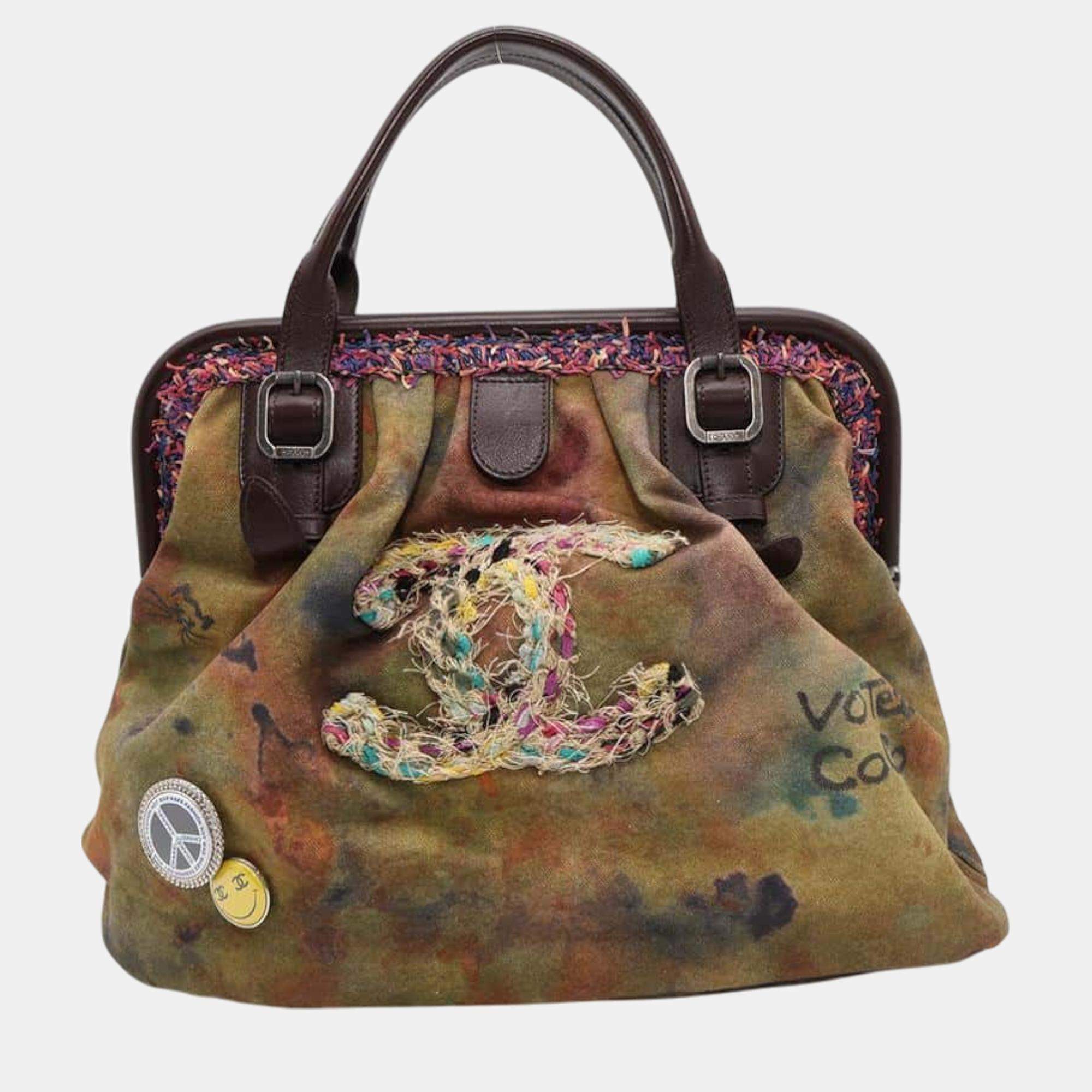 Chanel Embroidery Graffiti Bag Khaki/Brown Canvas Leather