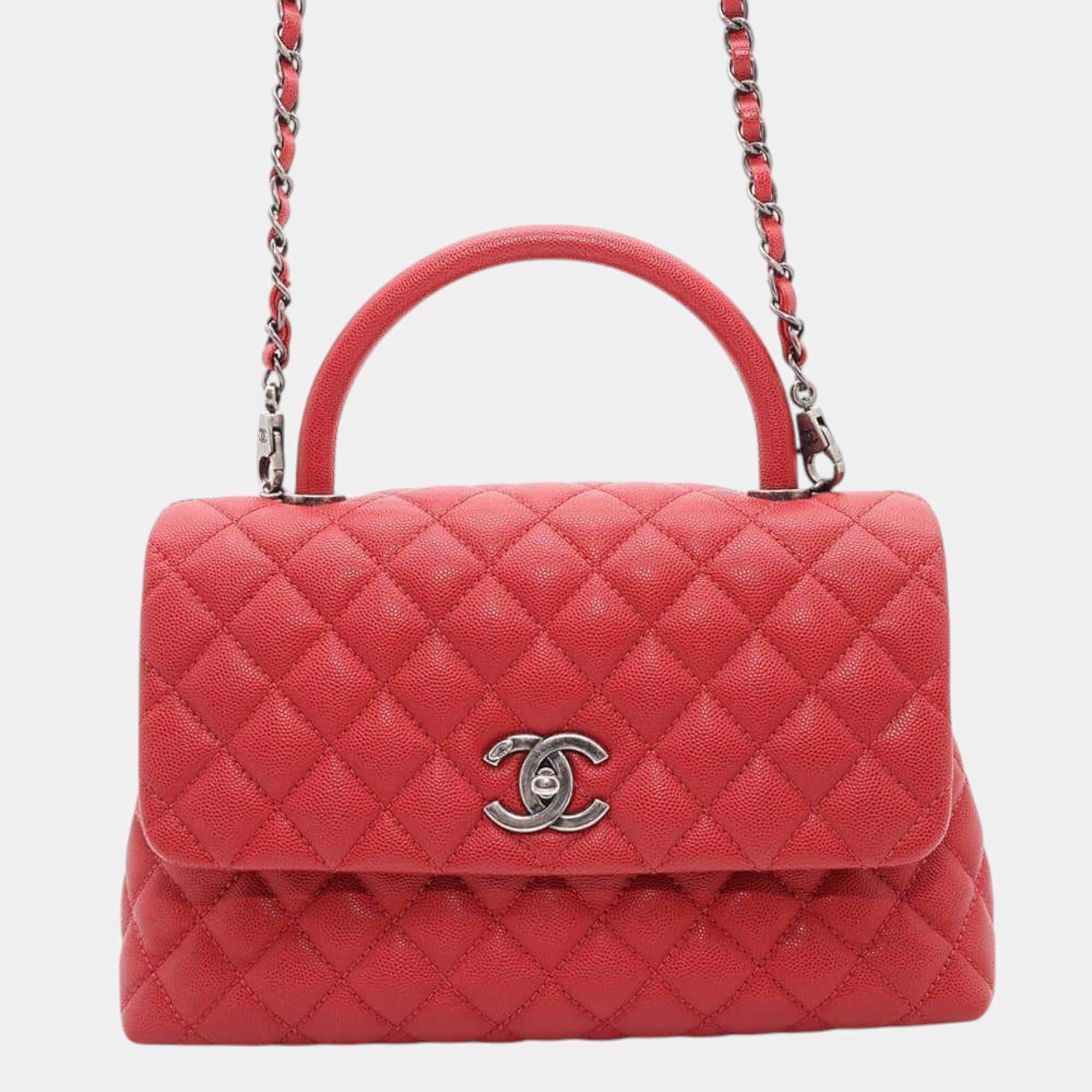 Chanel Red Caviar Leather Matelasse Coco Handle Bag