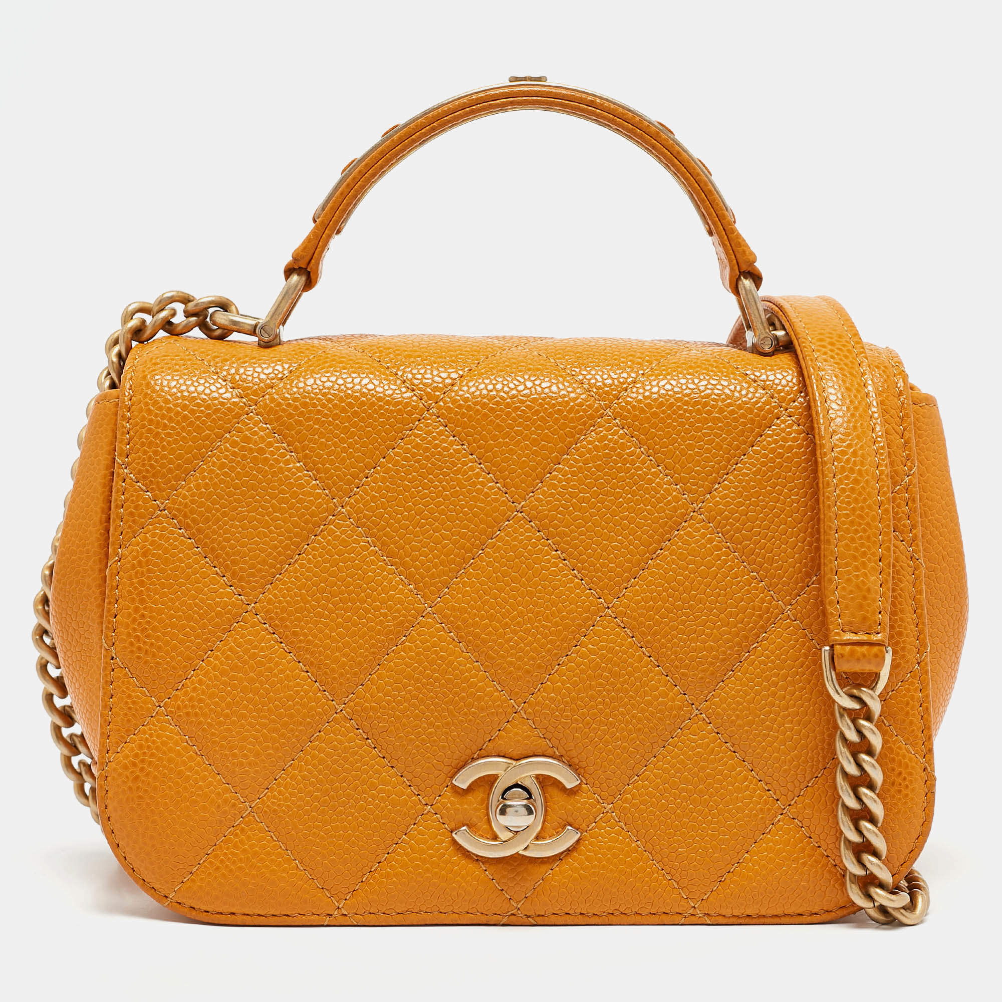 Pre Owned Chanel Mustard Caviar Leather Mini Carry Around Flap Bag