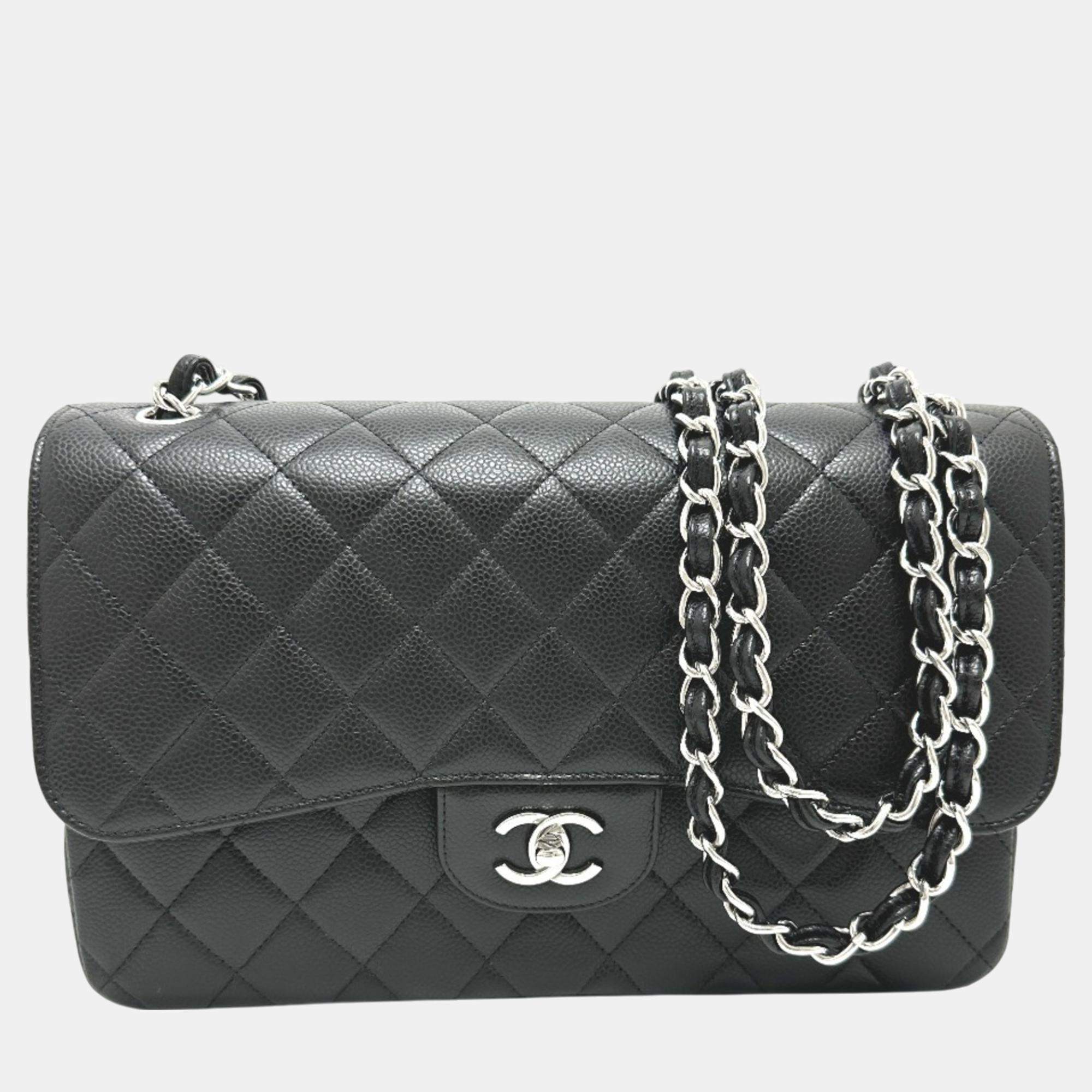 Pre Owned Chanel Black Caviar Leather Double Flap Shoulder Bag