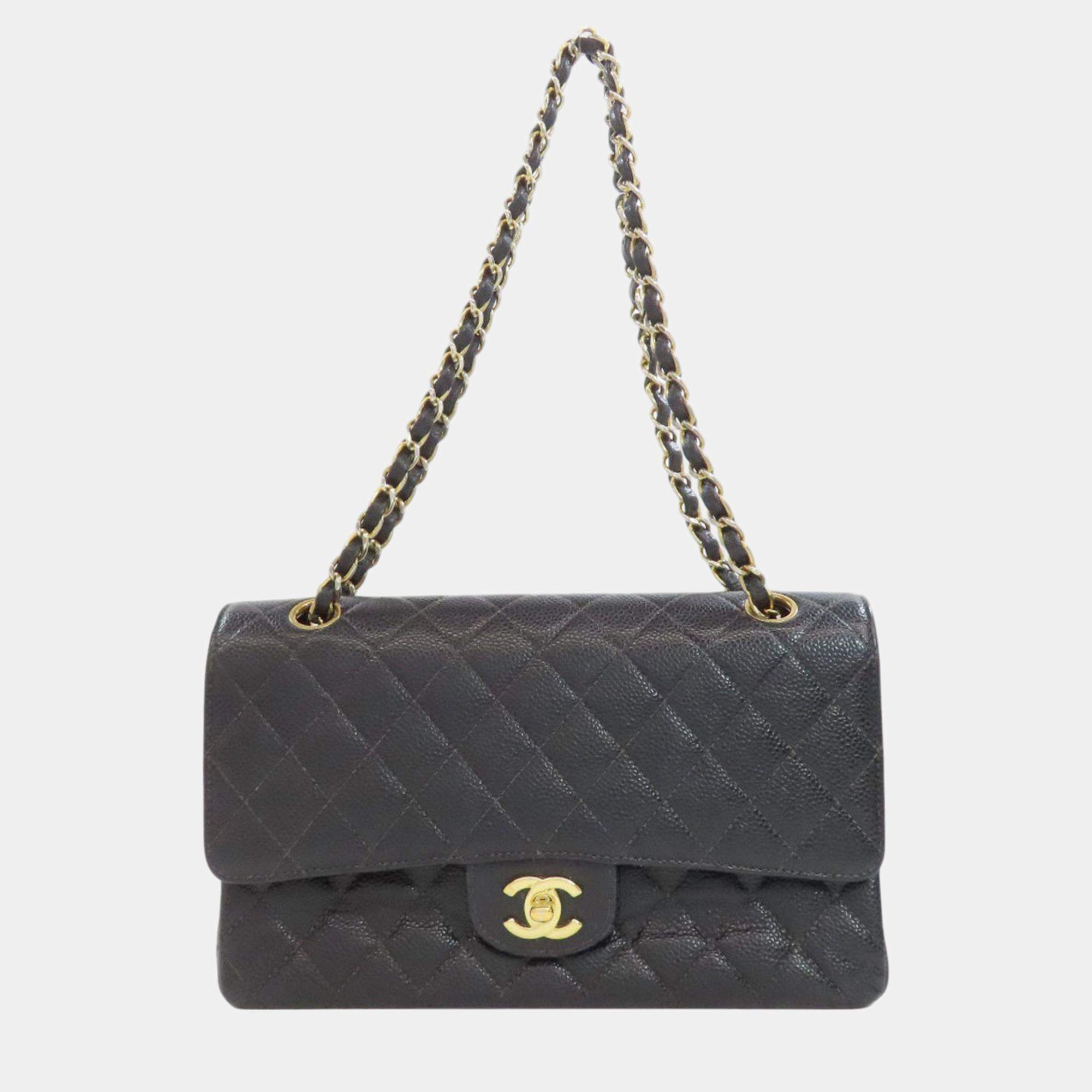 Pre Owned Chanel Black Caviar Leather Classic Double Flap Medium Bag