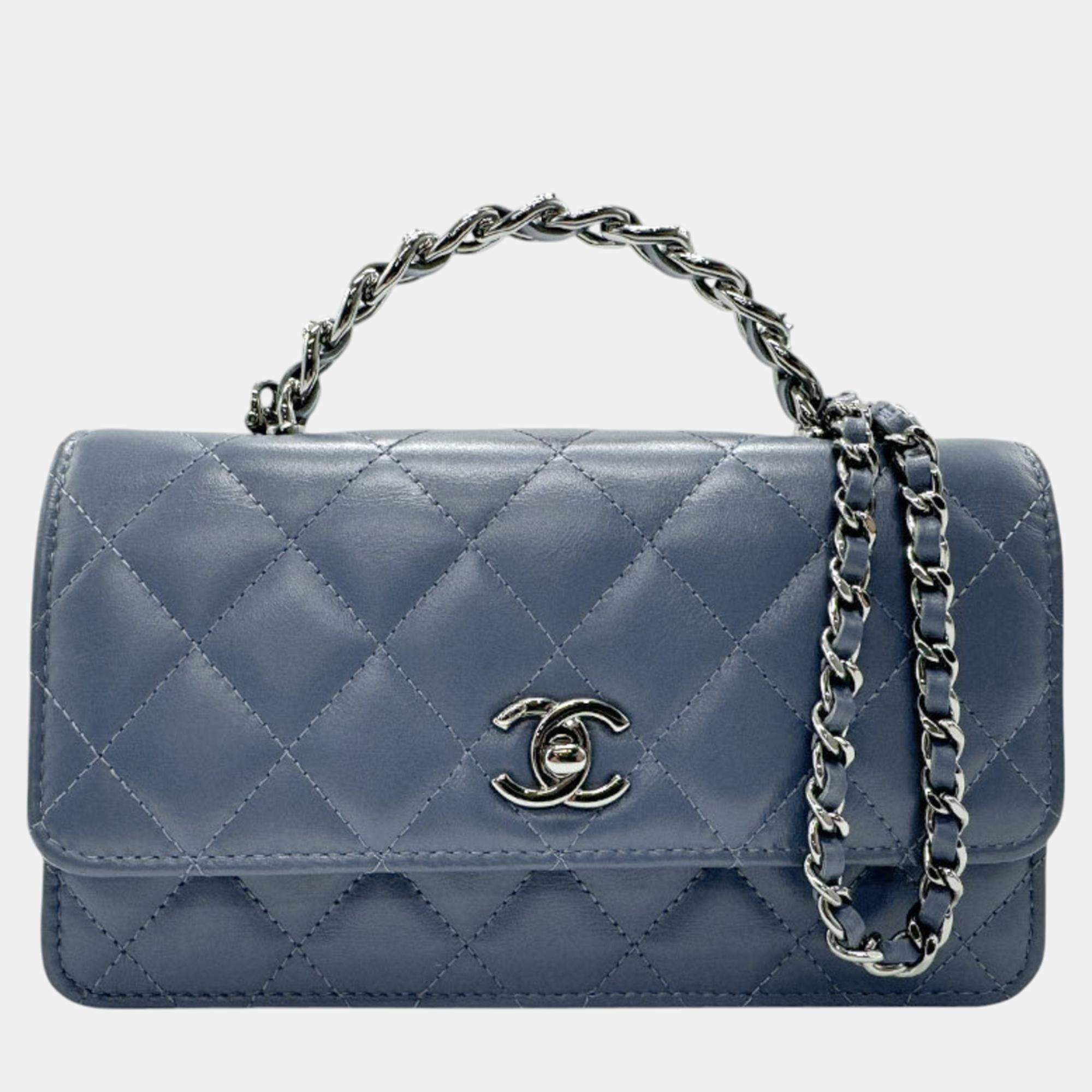Chanel Blue  Leather Wallet On Chain  