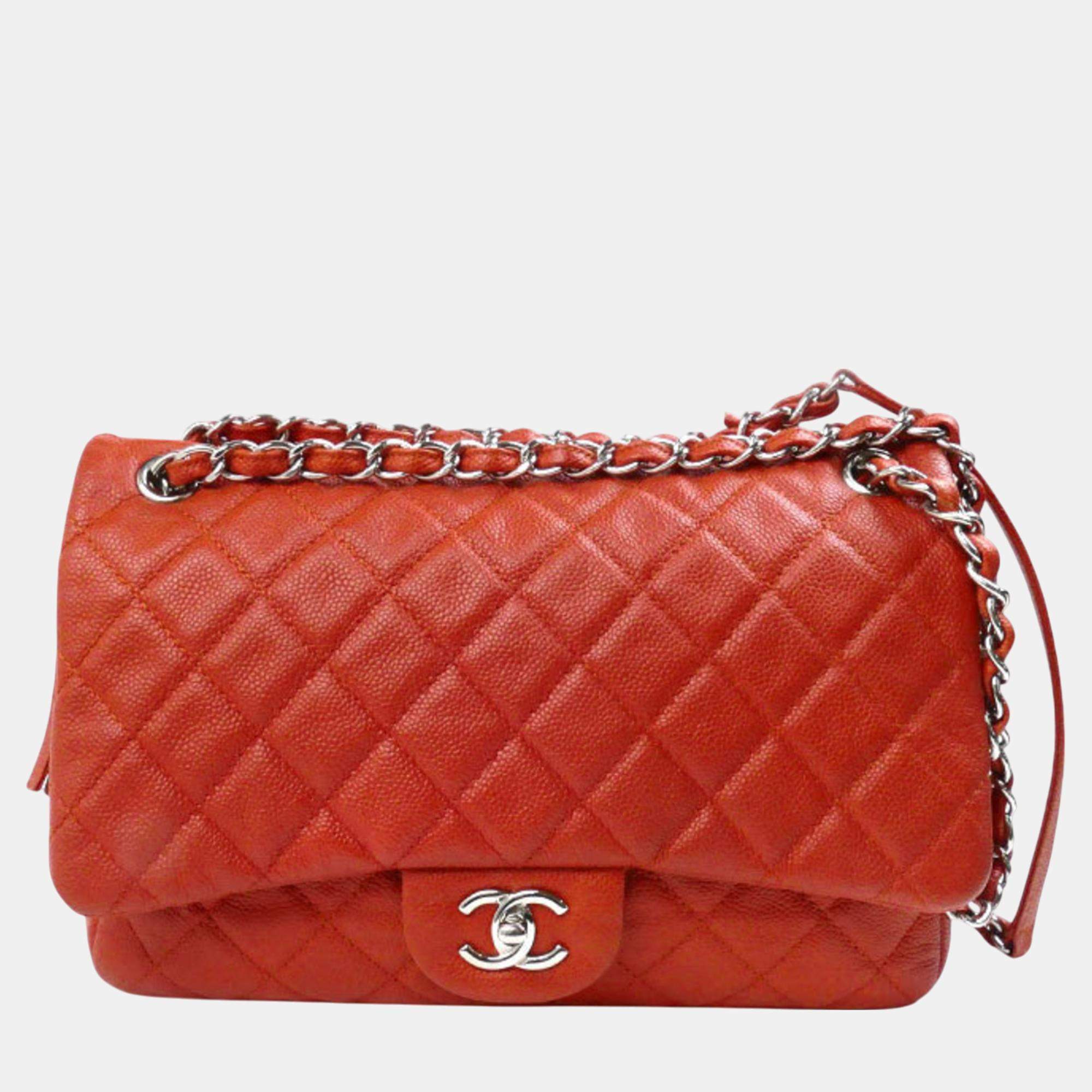 Pre Owned Chanel Orange Caviar Leather Large Flap Shoulder Bag