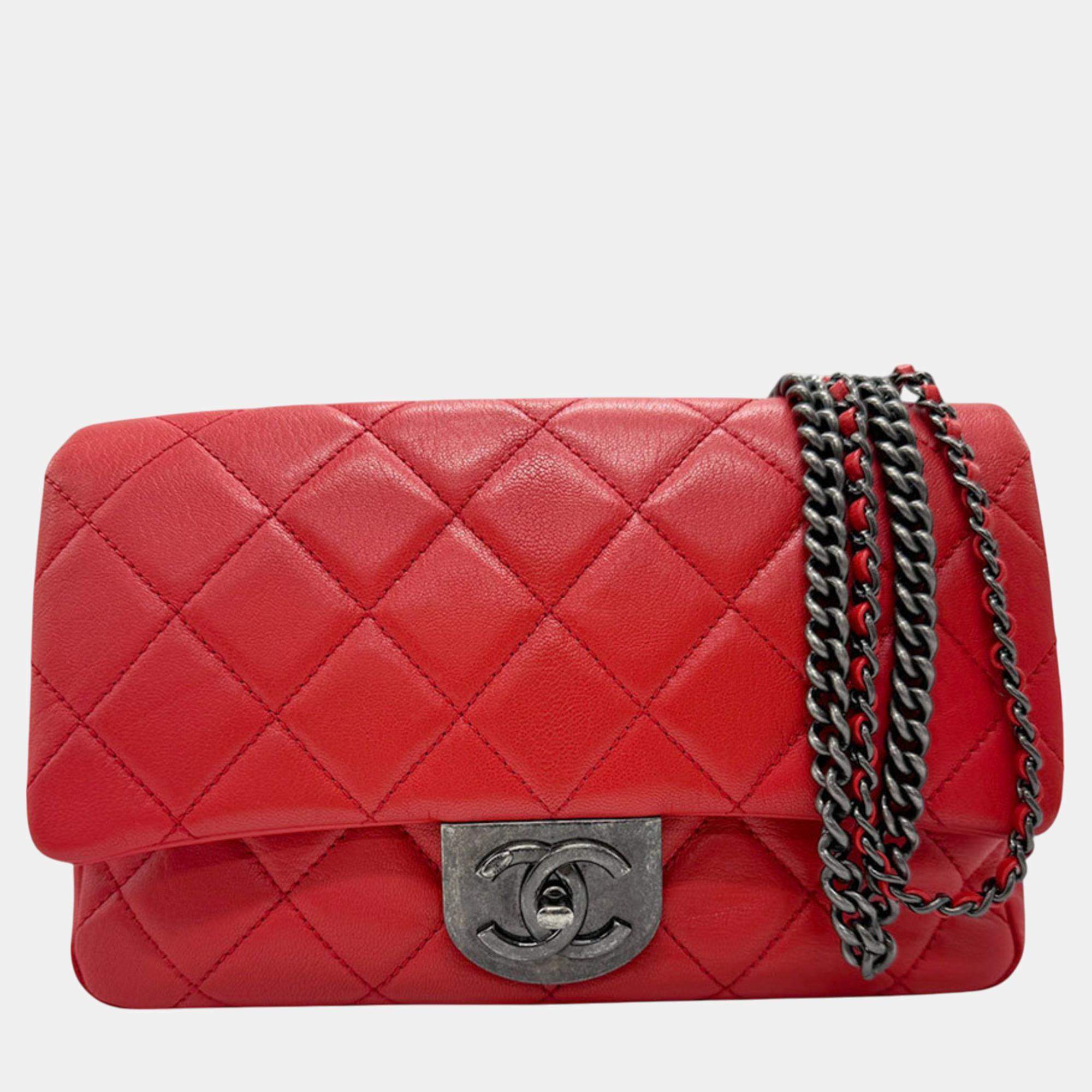 Pre Owned Chanel Red  Quilted Leather CC Flap Shoulder Bag