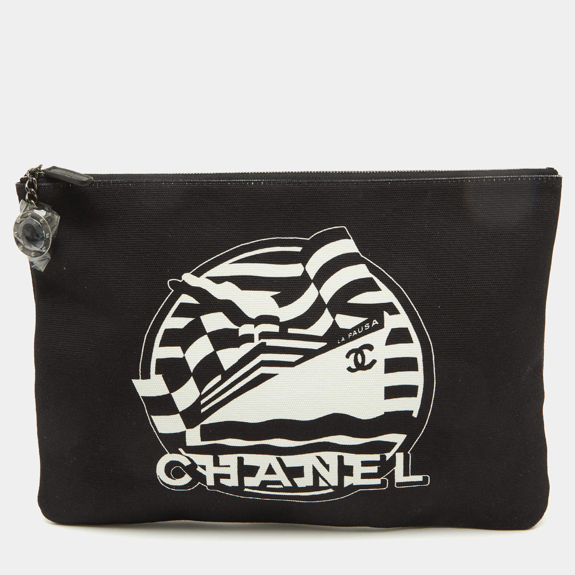 Pre Owned Chanel Black/White Print Canvas La Pausa Medium O-Zip-Case