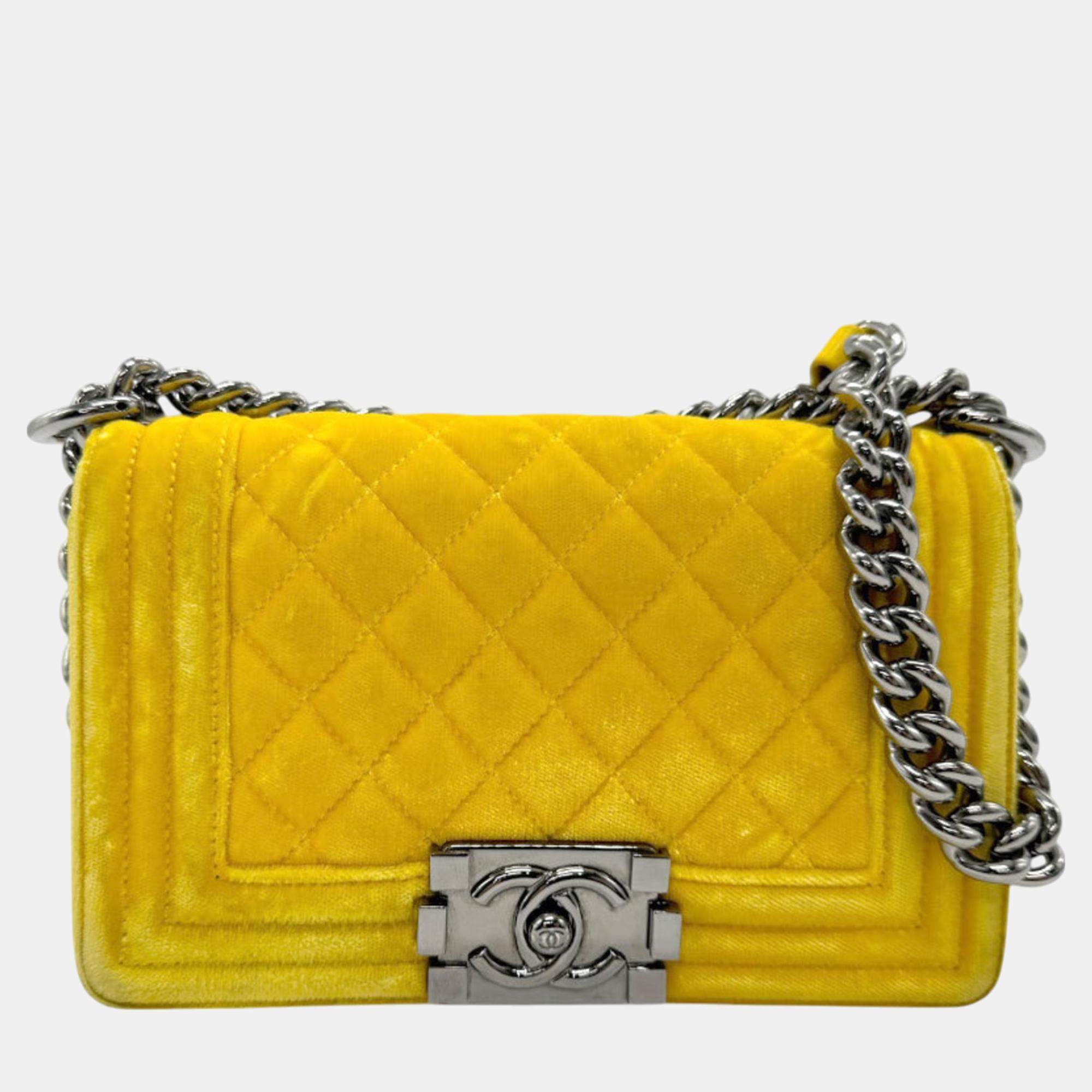 Pre Owned Chanel Yellow Velvet Boy Chain Shoulder Bag