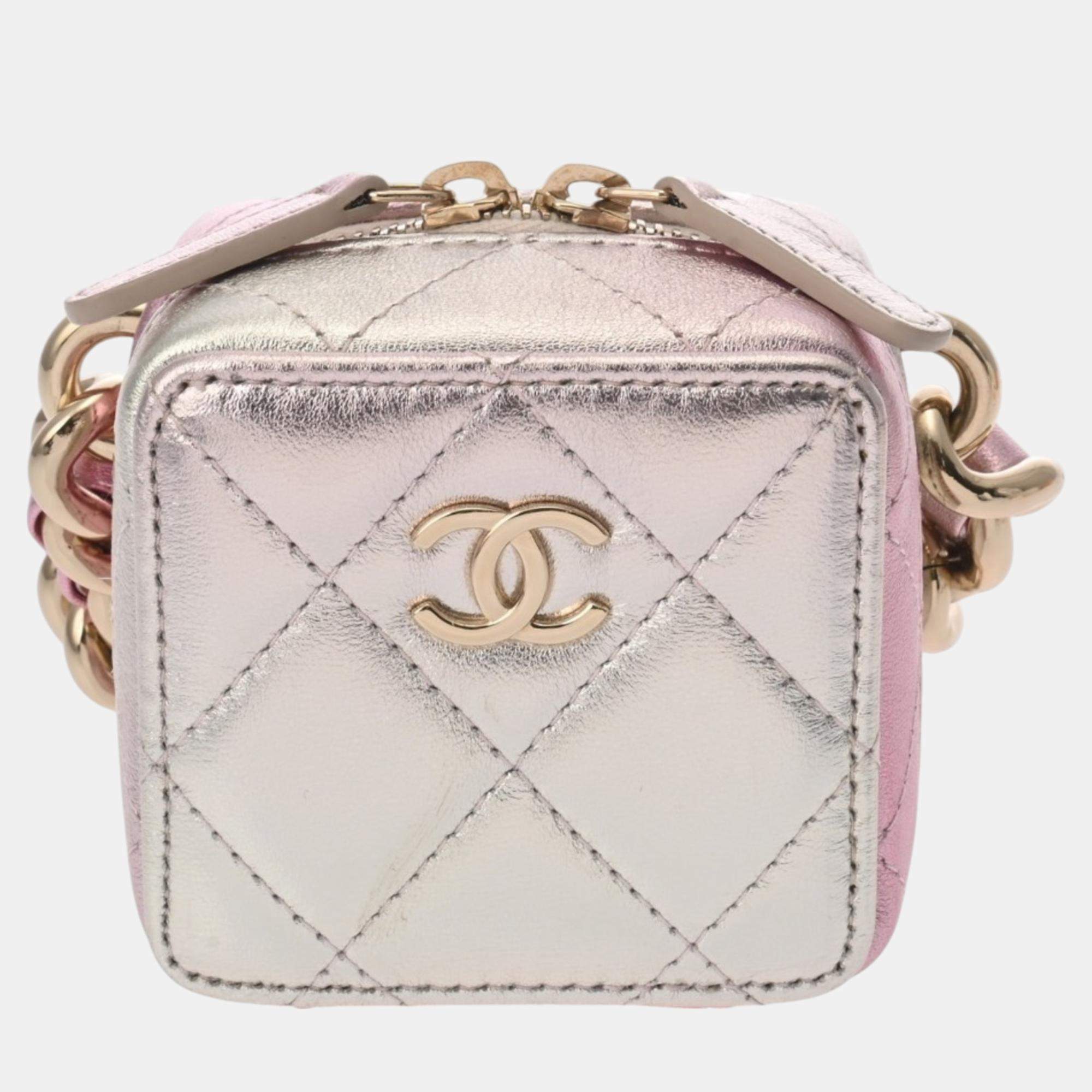Chanel Silver Pink Leather Chain Shoulder Bag