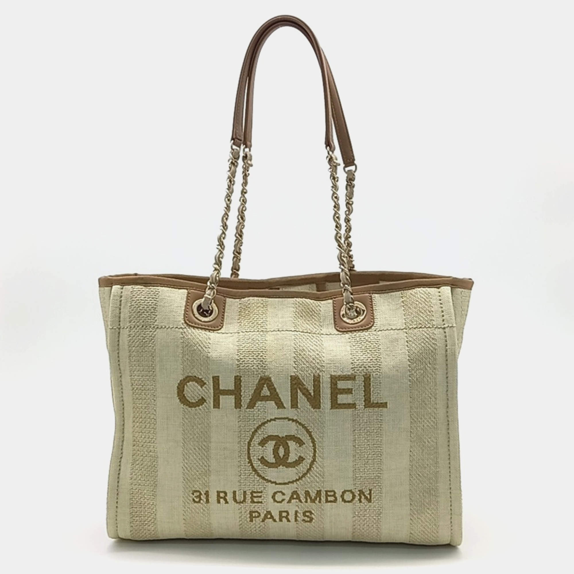 Pre Owned Chanel Beige Brown Canvas Deauville Tote and Shoulder Bag